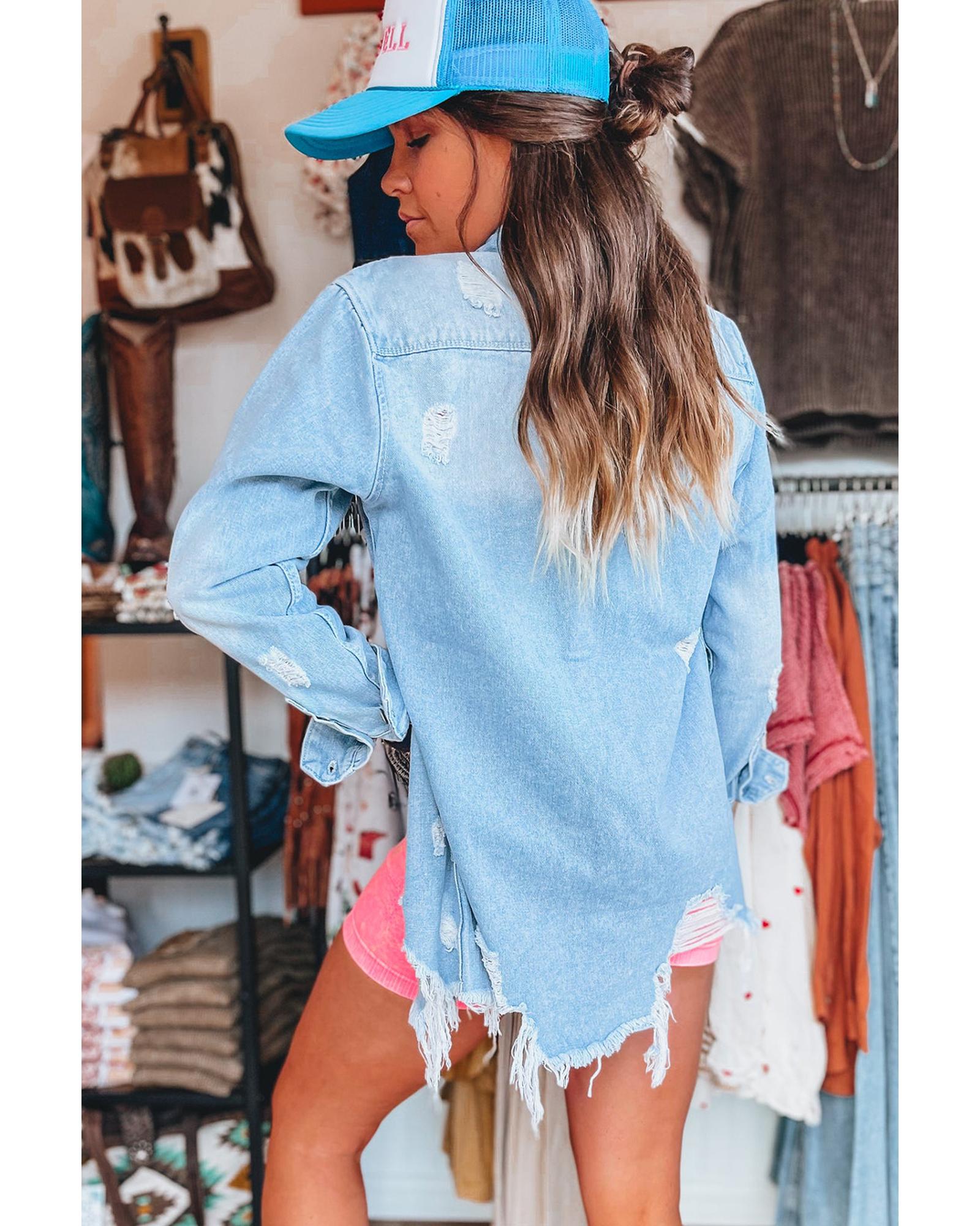 Beau Blue Mineral Wash Distressed Frayed Long Denim Jacket - M