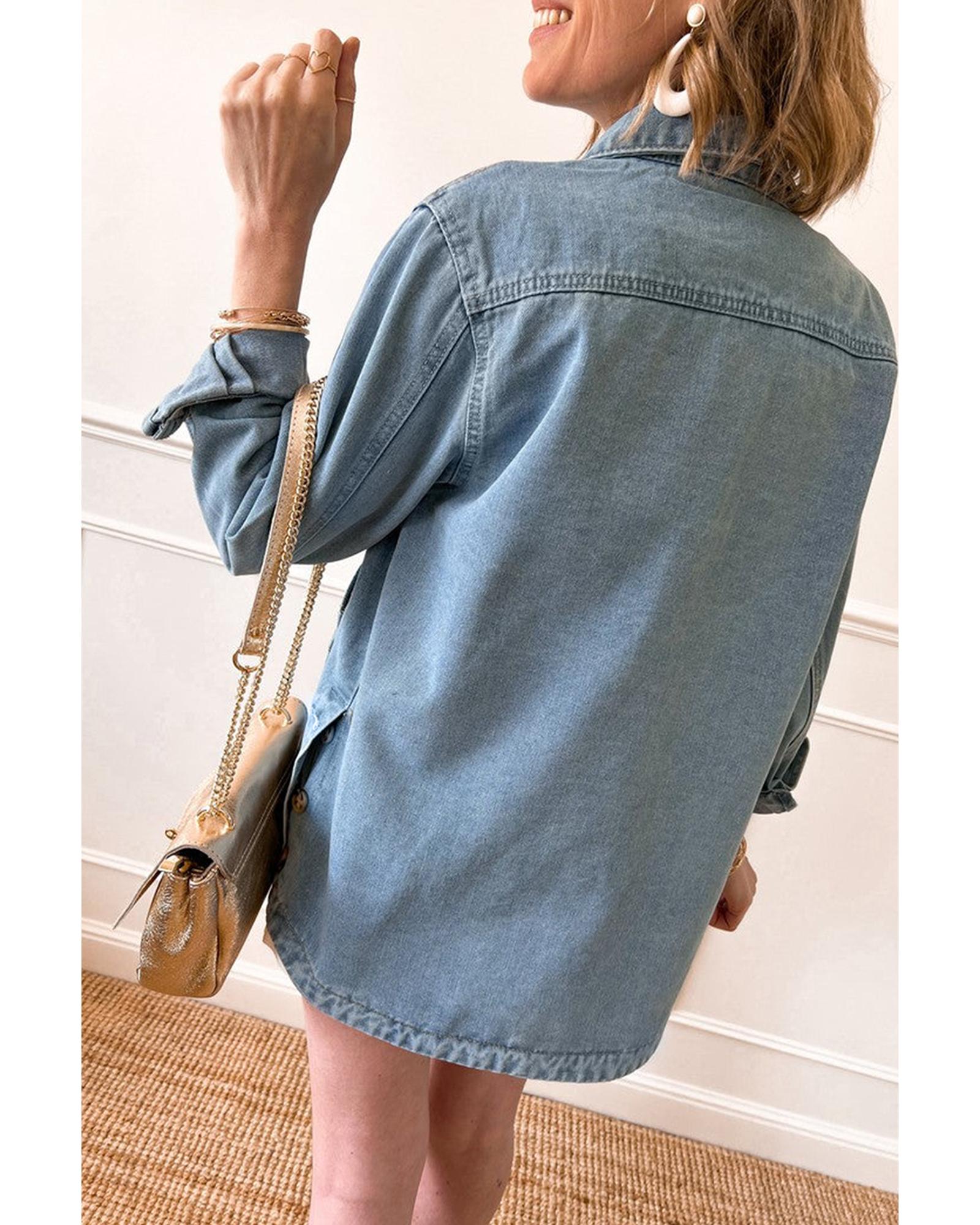 Dusk Blue Slit Buttons Pocketed Denim Jacket - S