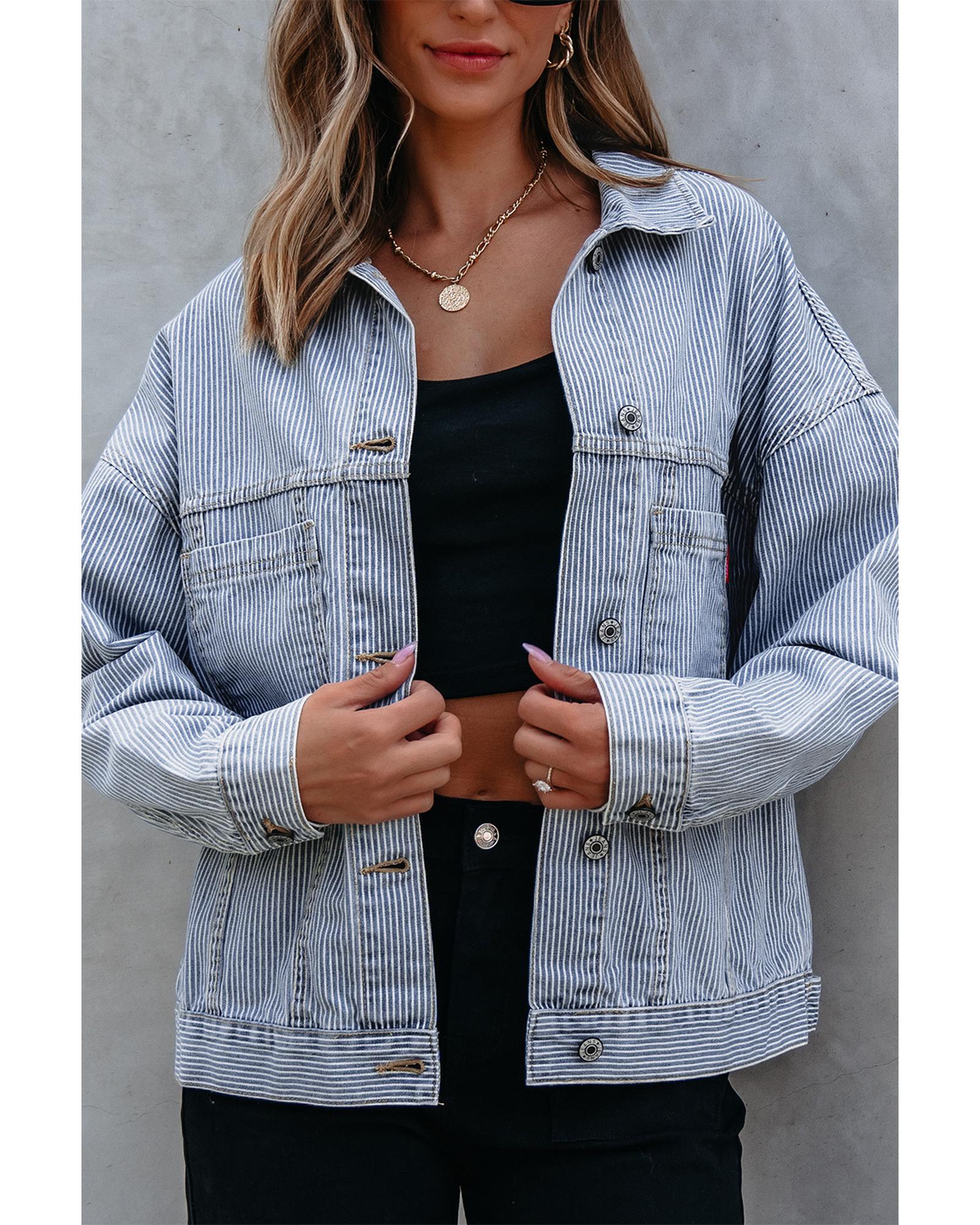 Sky Blue Stripe Washed Oversize Pocketed Denim Jacket - 2XL