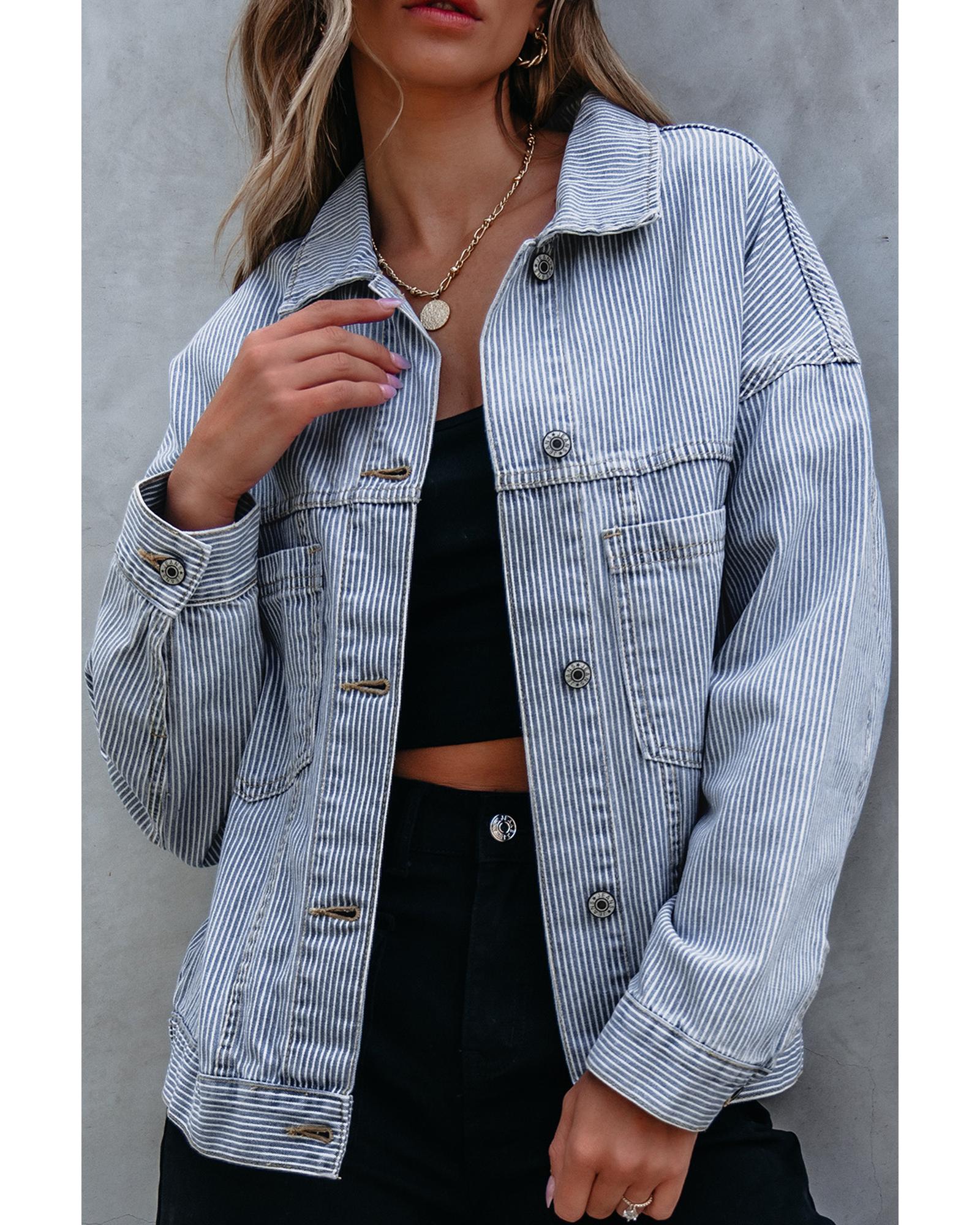 Sky Blue Stripe Washed Oversize Pocketed Denim Jacket - 2XL