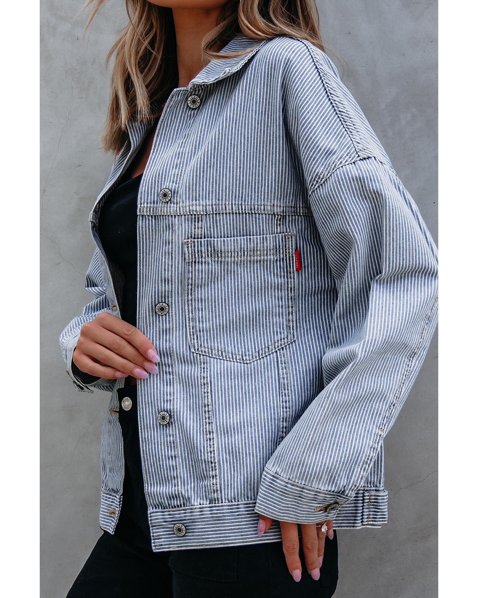 Sky Blue Stripe Washed Oversize Pocketed Denim Jacket - S