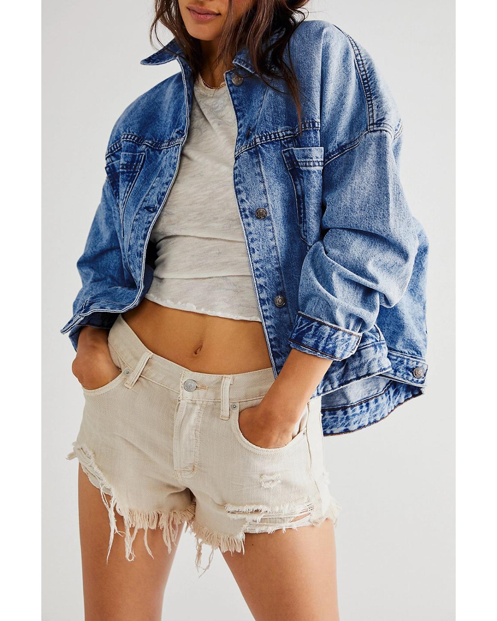 Dark Blue Washed Oversize Pocketed Denim Jacket - M