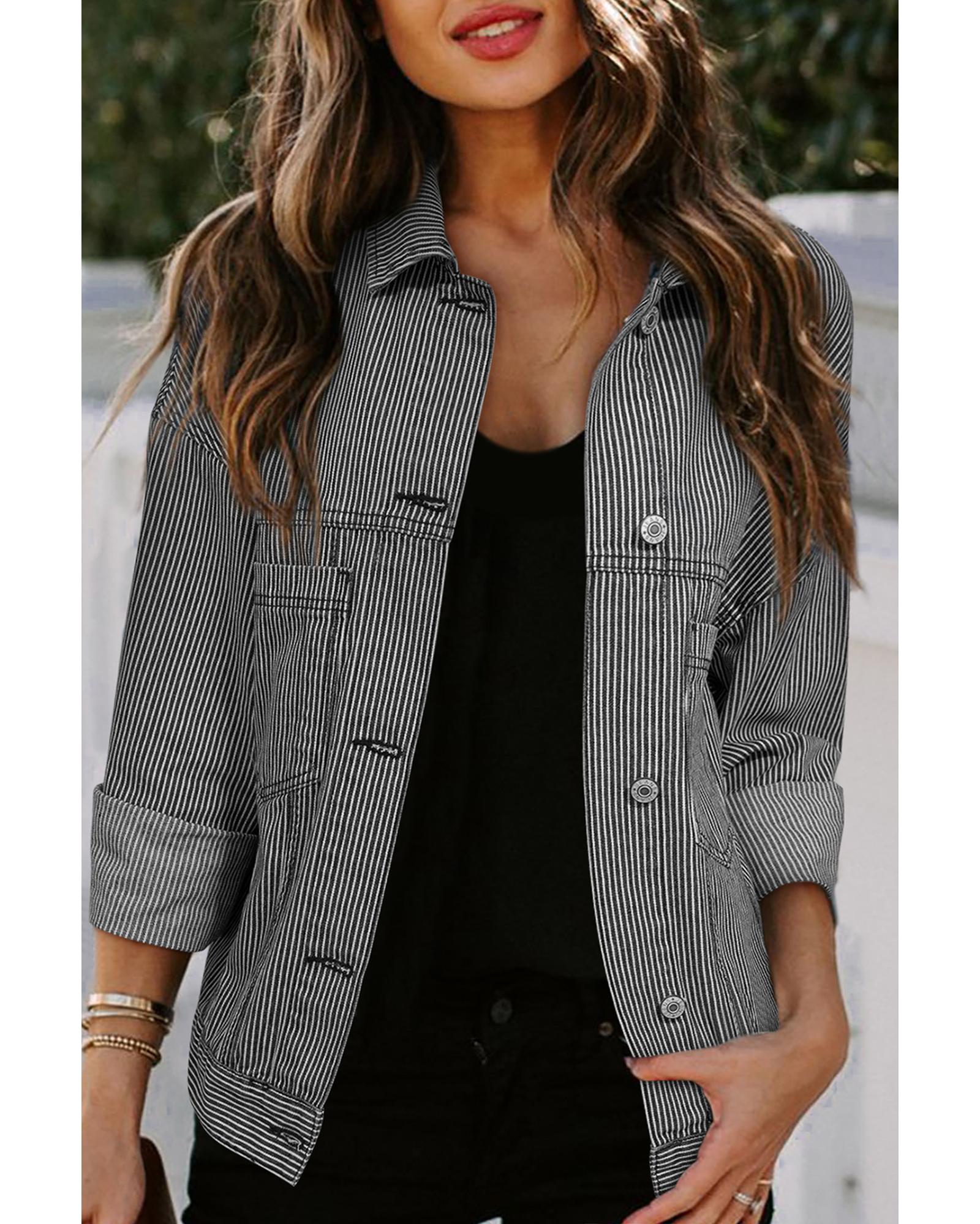 Blue Stripe Washed Oversize Pocketed Denim Jacket - S