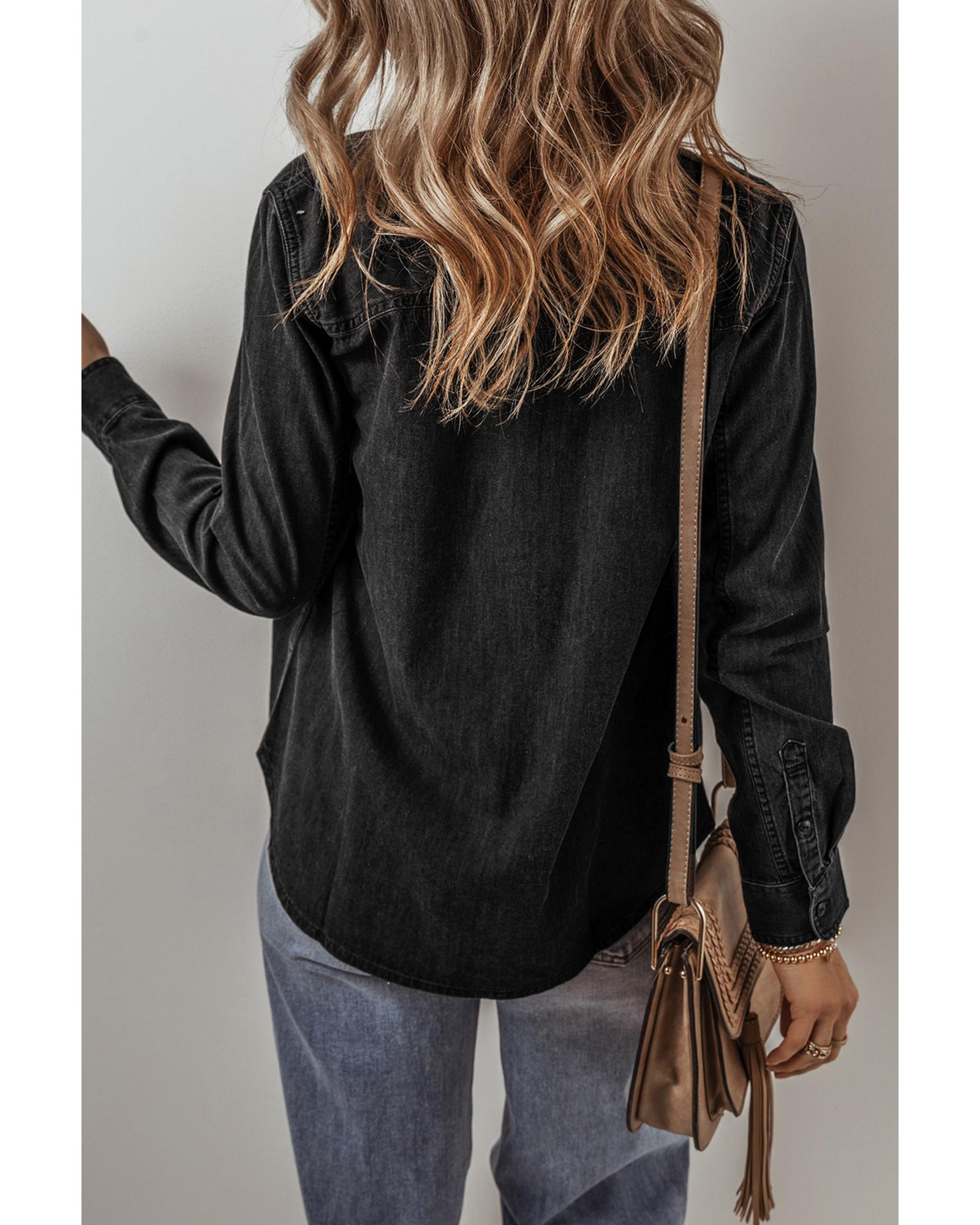 Black Flap Pocket Buttons Collared Jean Jacket - M