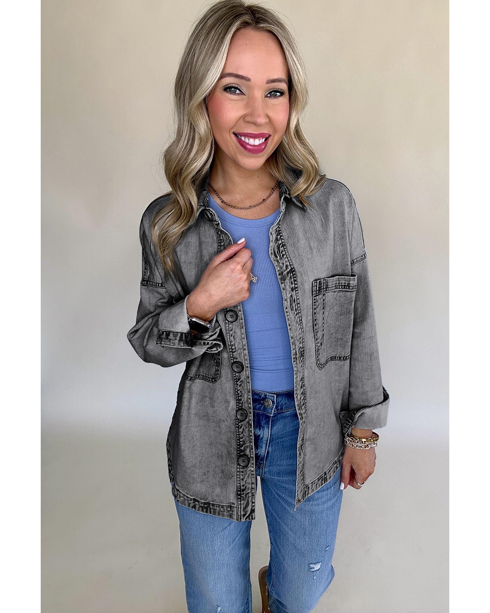 Medium Grey Mineral Wash Patched Pocket Split Denim Jacket - M