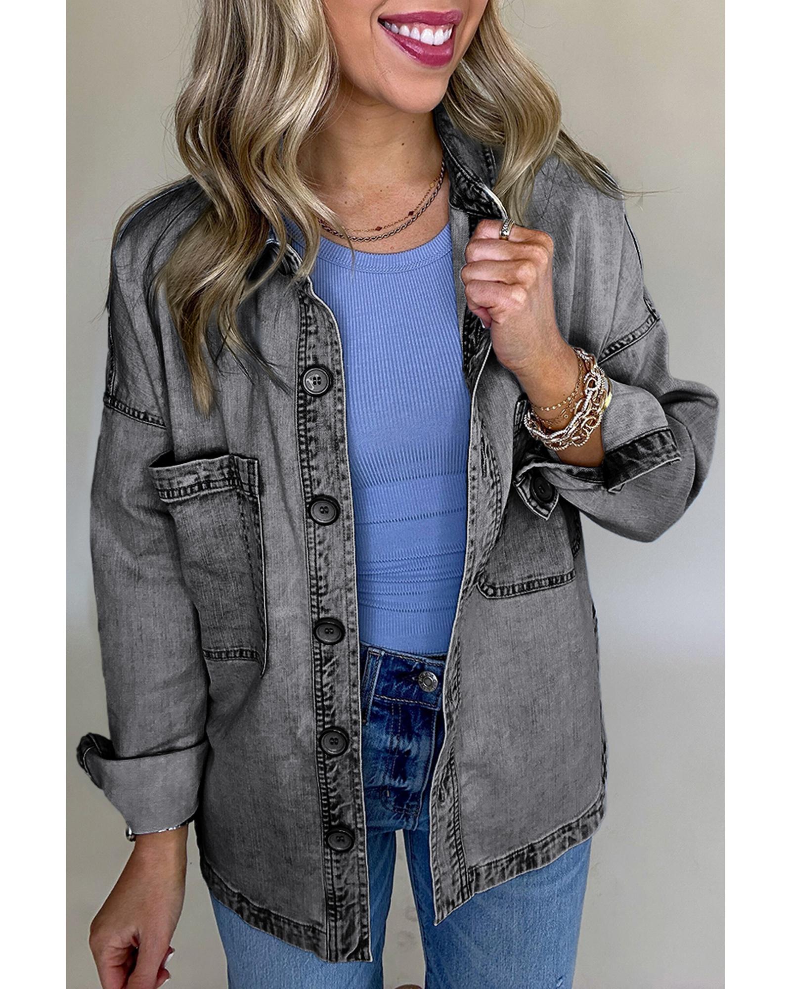 Medium Grey Mineral Wash Patched Pocket Split Denim Jacket - S