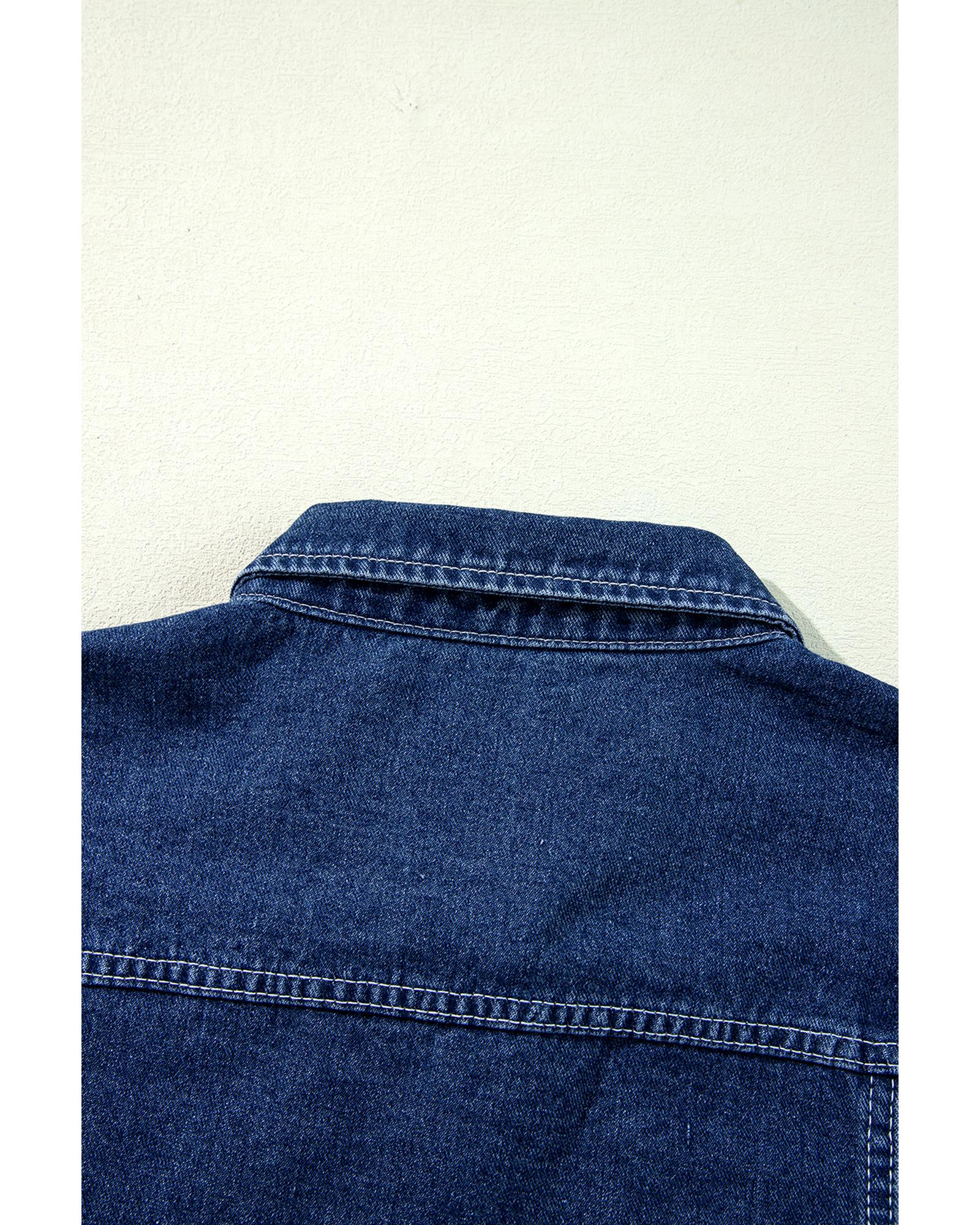 Navy Blue Ruffle Raw Hem Flap Pockets Denim Jacket - M