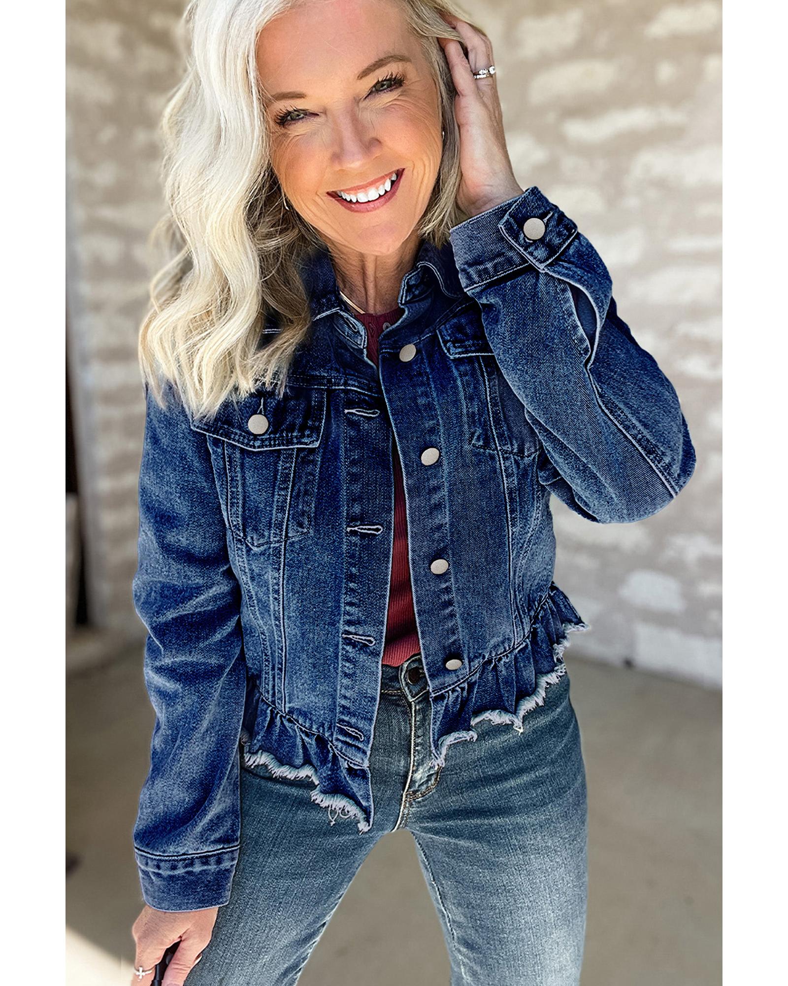 Navy Blue Ruffle Raw Hem Flap Pockets Denim Jacket - S