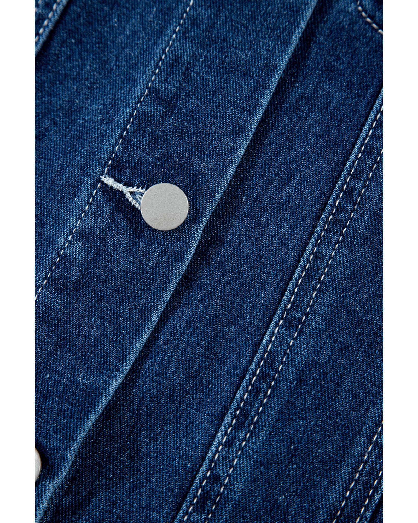 Navy Blue Ruffle Raw Hem Flap Pockets Denim Jacket - S