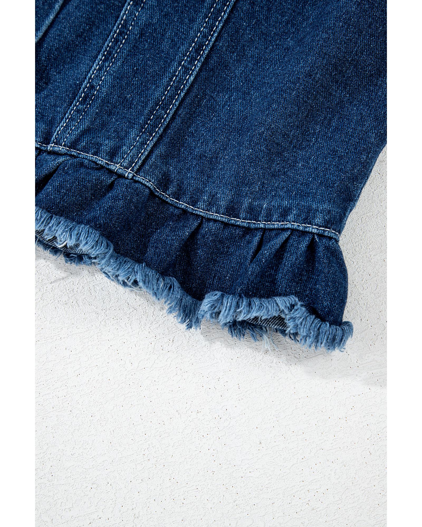 Navy Blue Ruffle Raw Hem Flap Pockets Denim Jacket - S