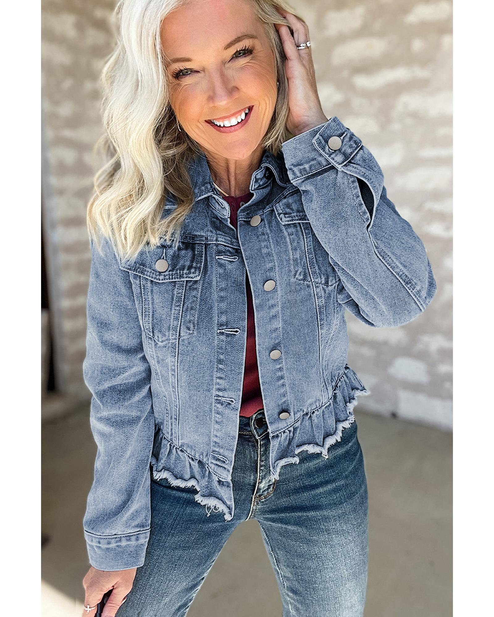 Beau Blue Ruffle Raw Hem Flap Pockets Denim Jacket - 2XL