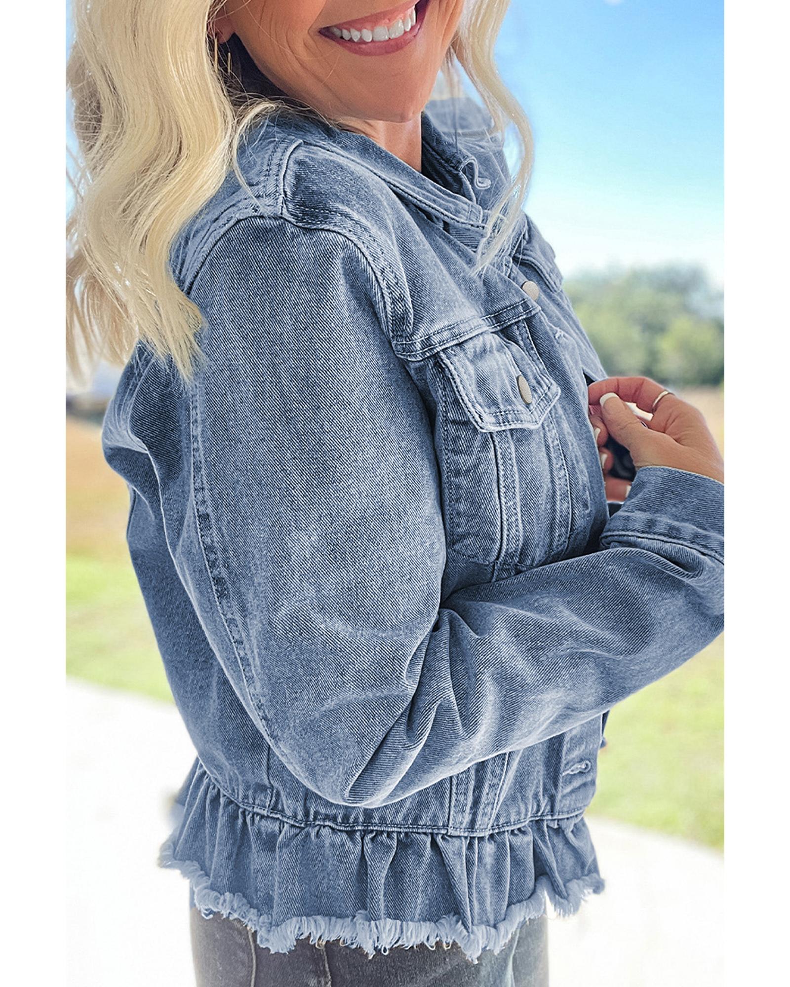 Beau Blue Ruffle Raw Hem Flap Pockets Denim Jacket - 2XL