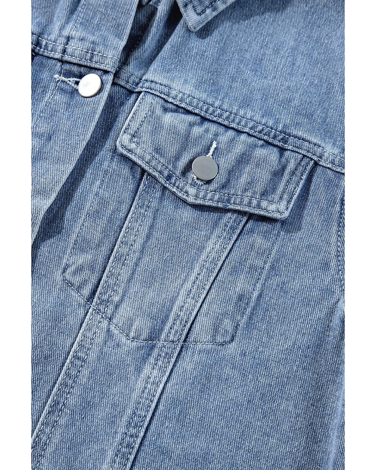 Beau Blue Ruffle Raw Hem Flap Pockets Denim Jacket - 2XL