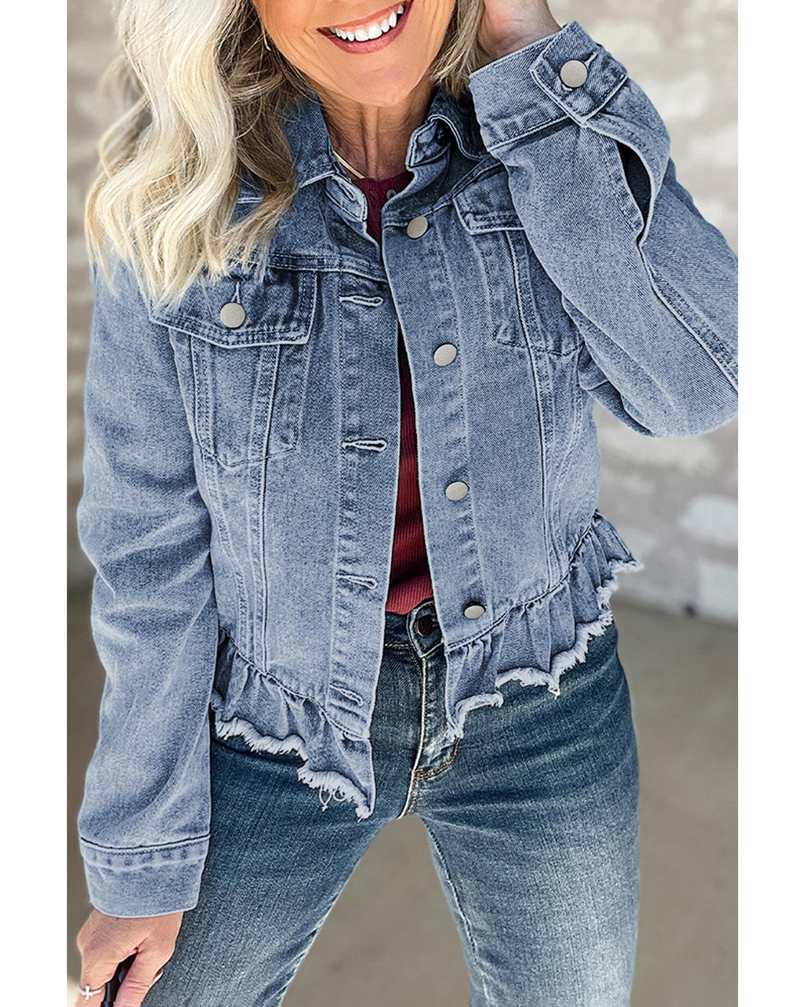 Beau Blue Ruffle Raw Hem Flap Pockets Denim Jacket - 2XL