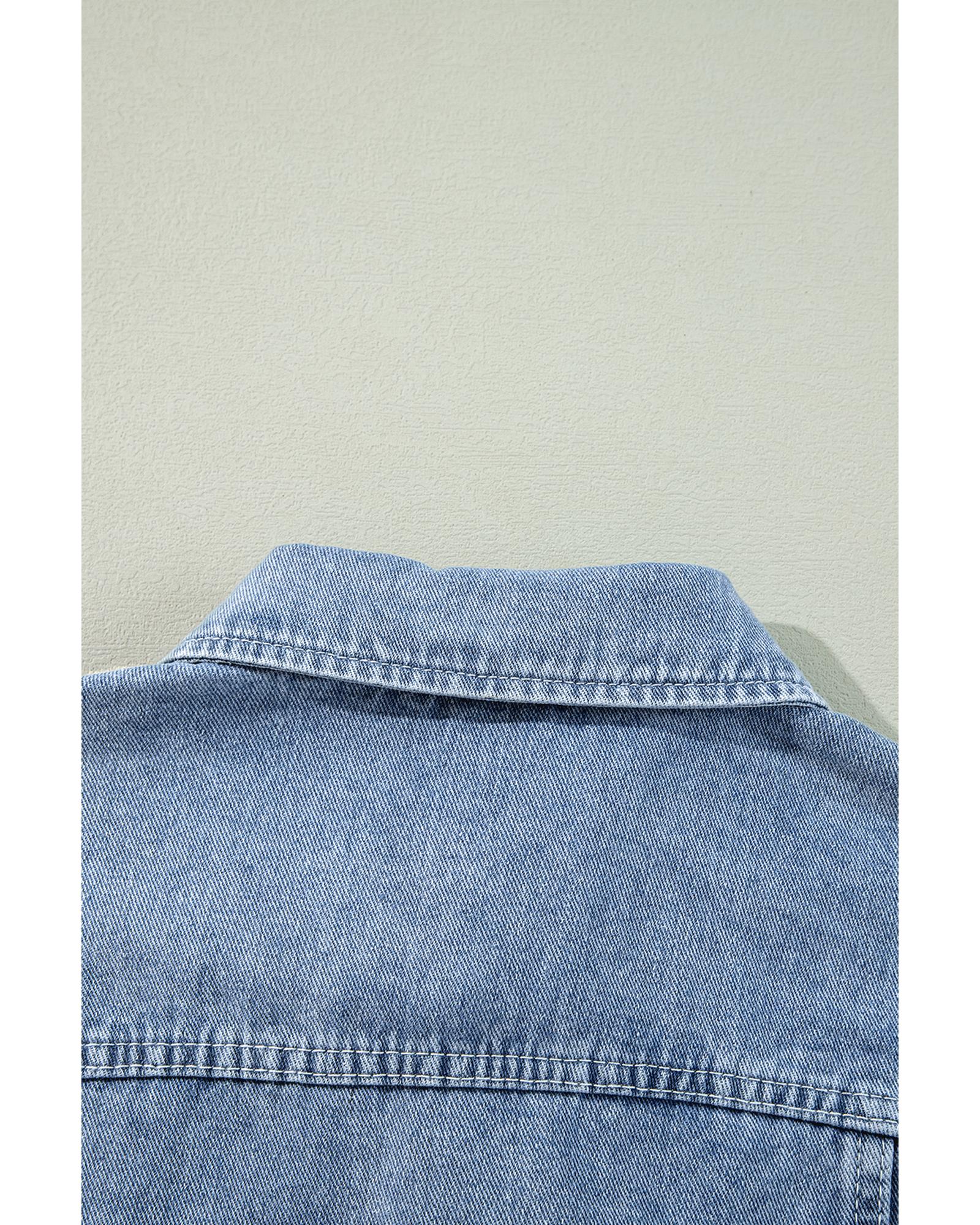 Beau Blue Ruffle Raw Hem Flap Pockets Denim Jacket - L