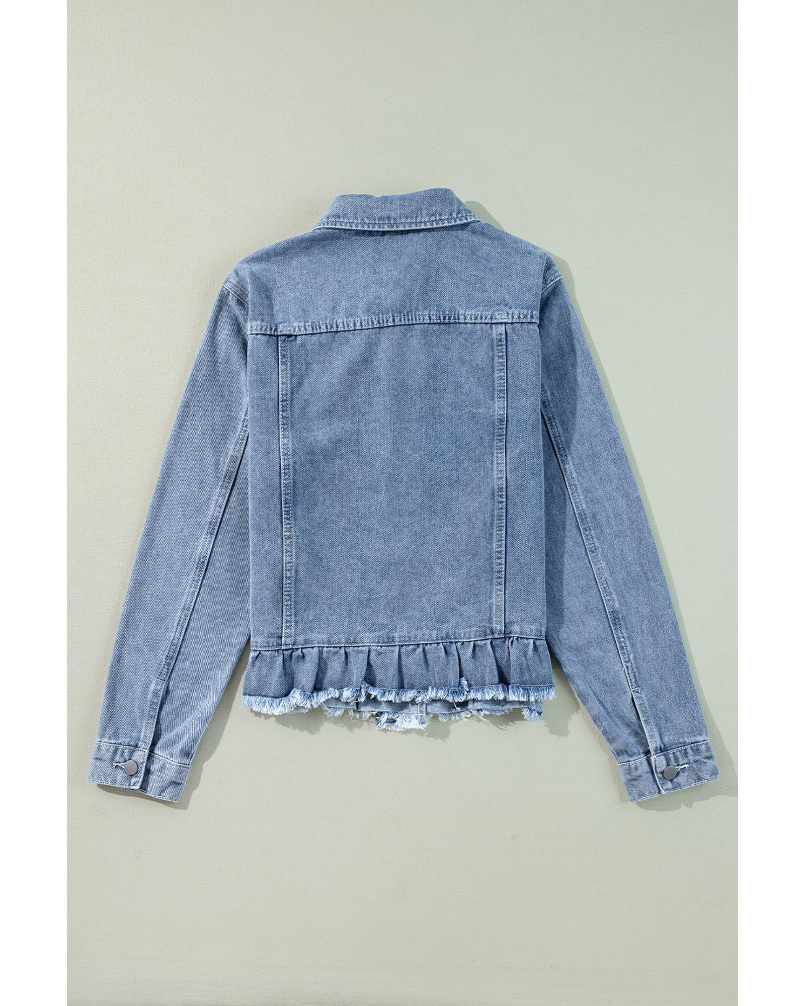 Beau Blue Ruffle Raw Hem Flap Pockets Denim Jacket - L