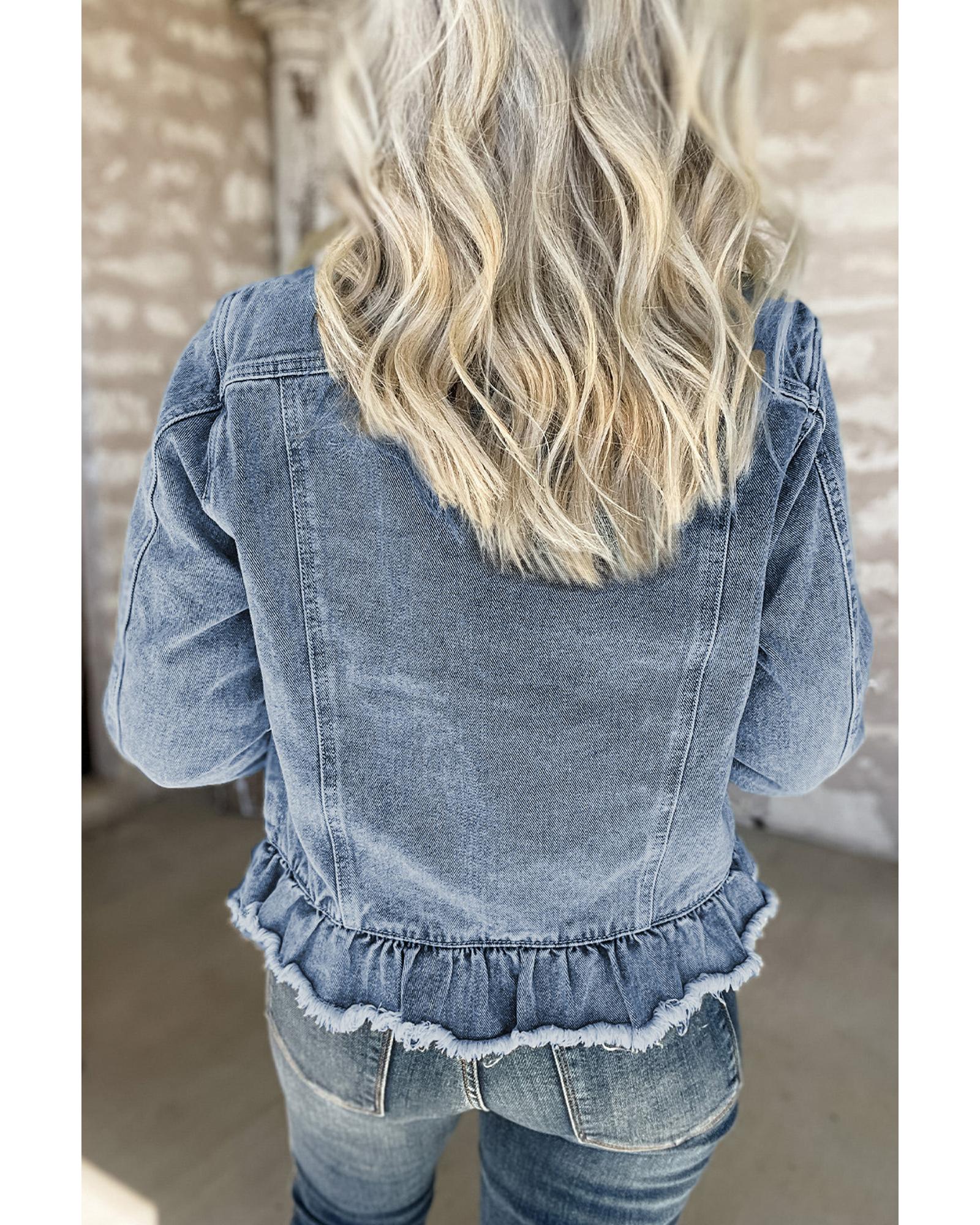 Beau Blue Ruffle Raw Hem Flap Pockets Denim Jacket - L