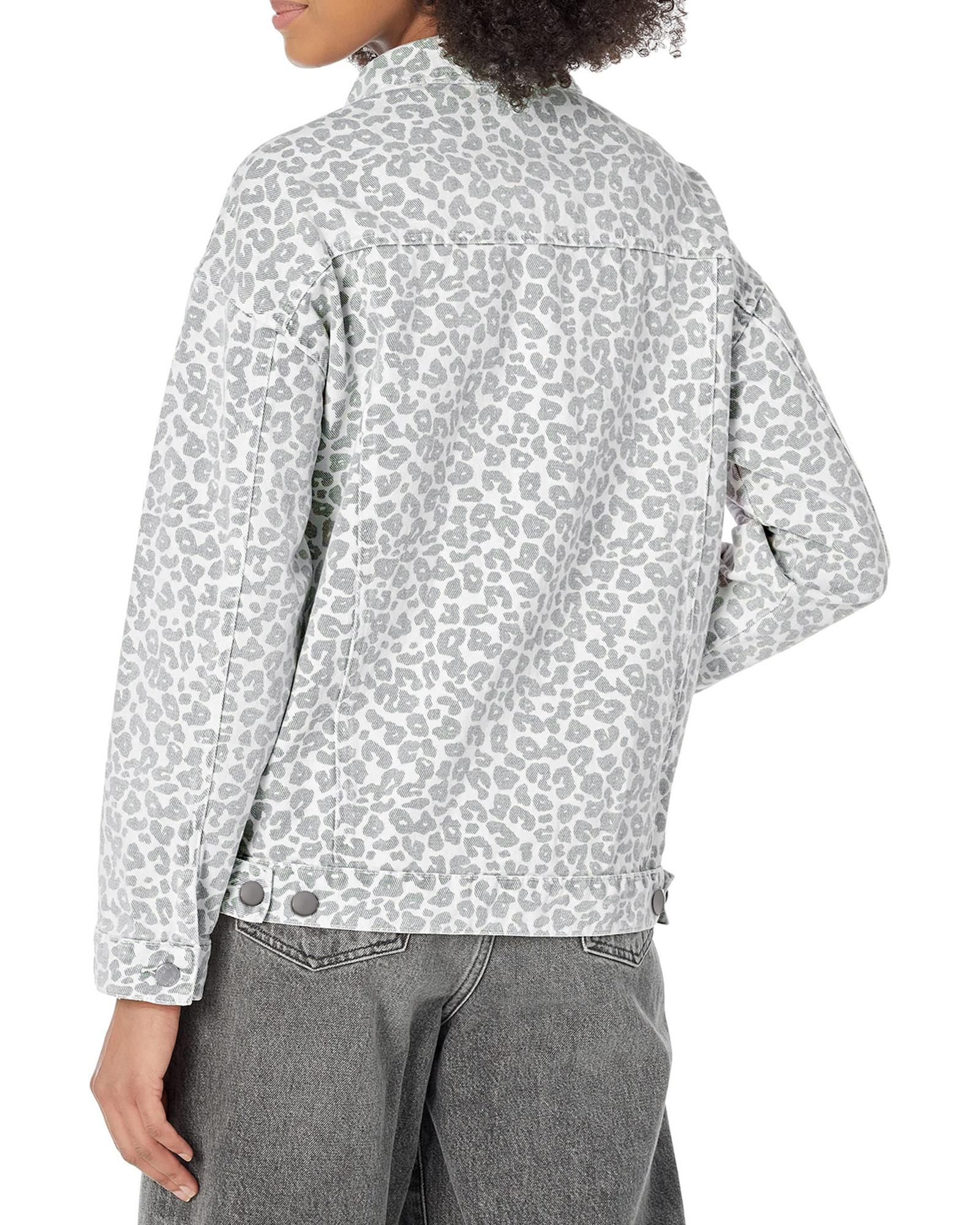 White Leopard Printed Flap Pocket Denim Jacket - M