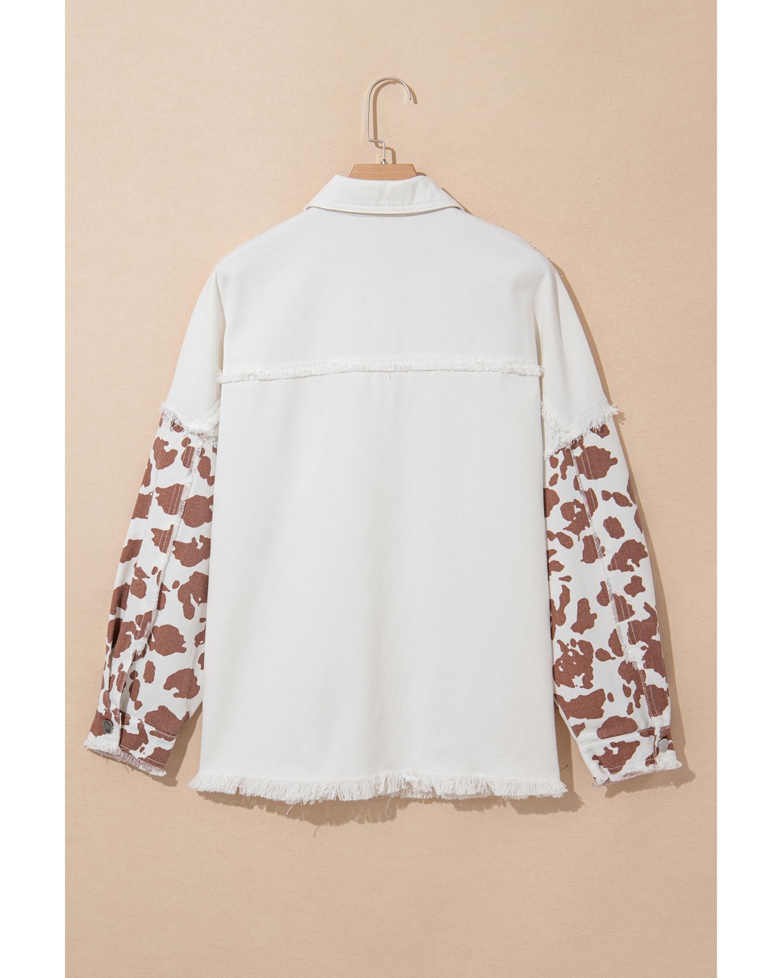 White Cow Spot Patchwork Flap Pocket Distressed Hem Long Denim Jacket - M