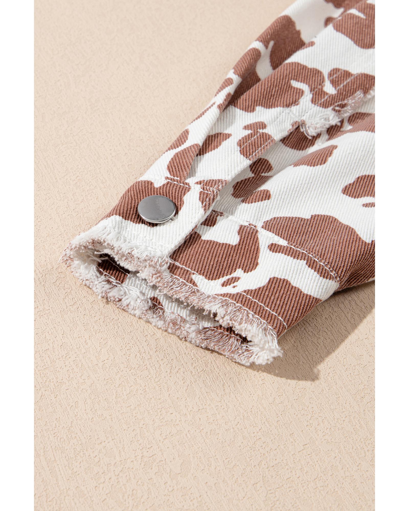 White Cow Spot Patchwork Flap Pocket Distressed Hem Long Denim Jacket - M