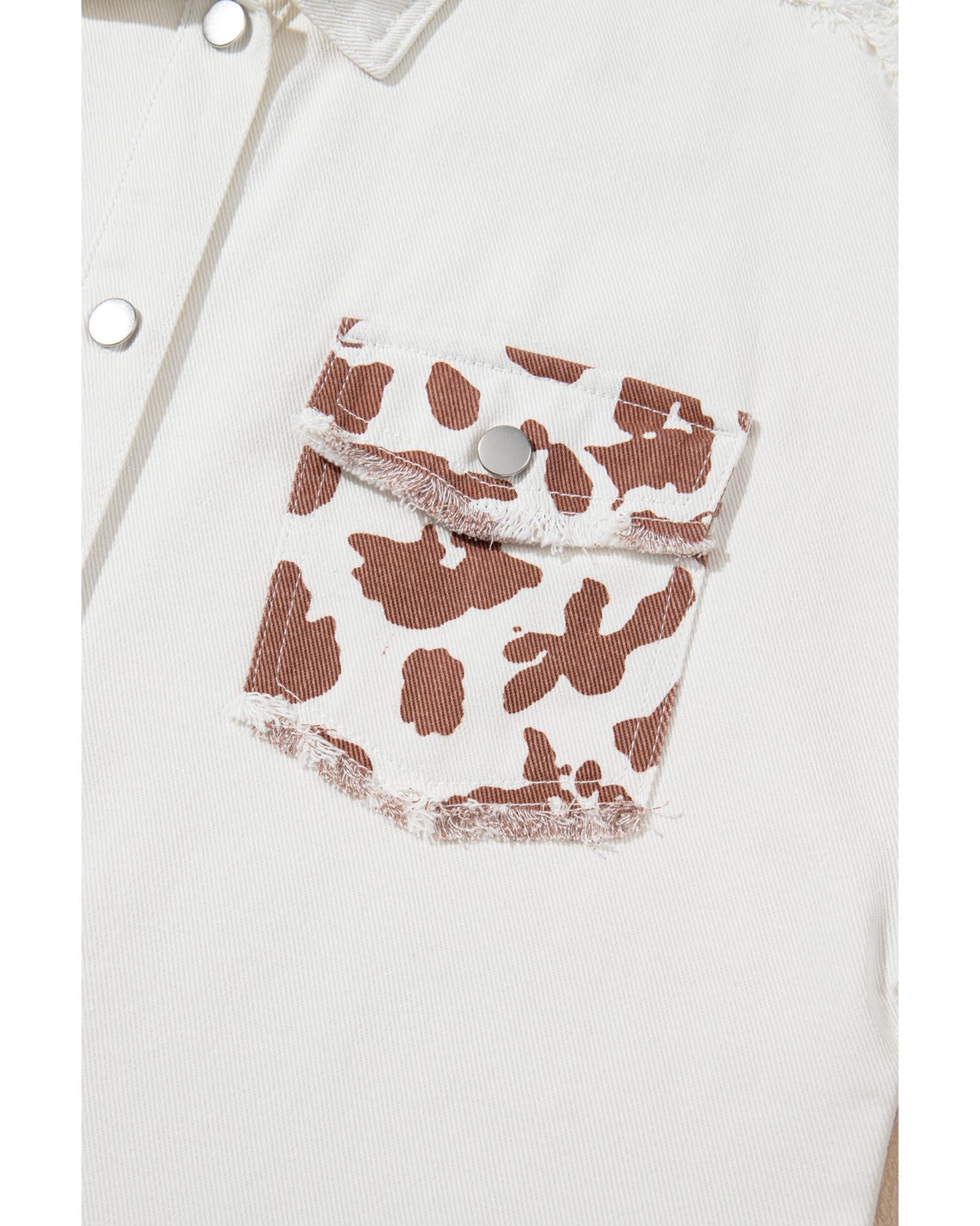 White Cow Spot Patchwork Flap Pocket Distressed Hem Long Denim Jacket - M