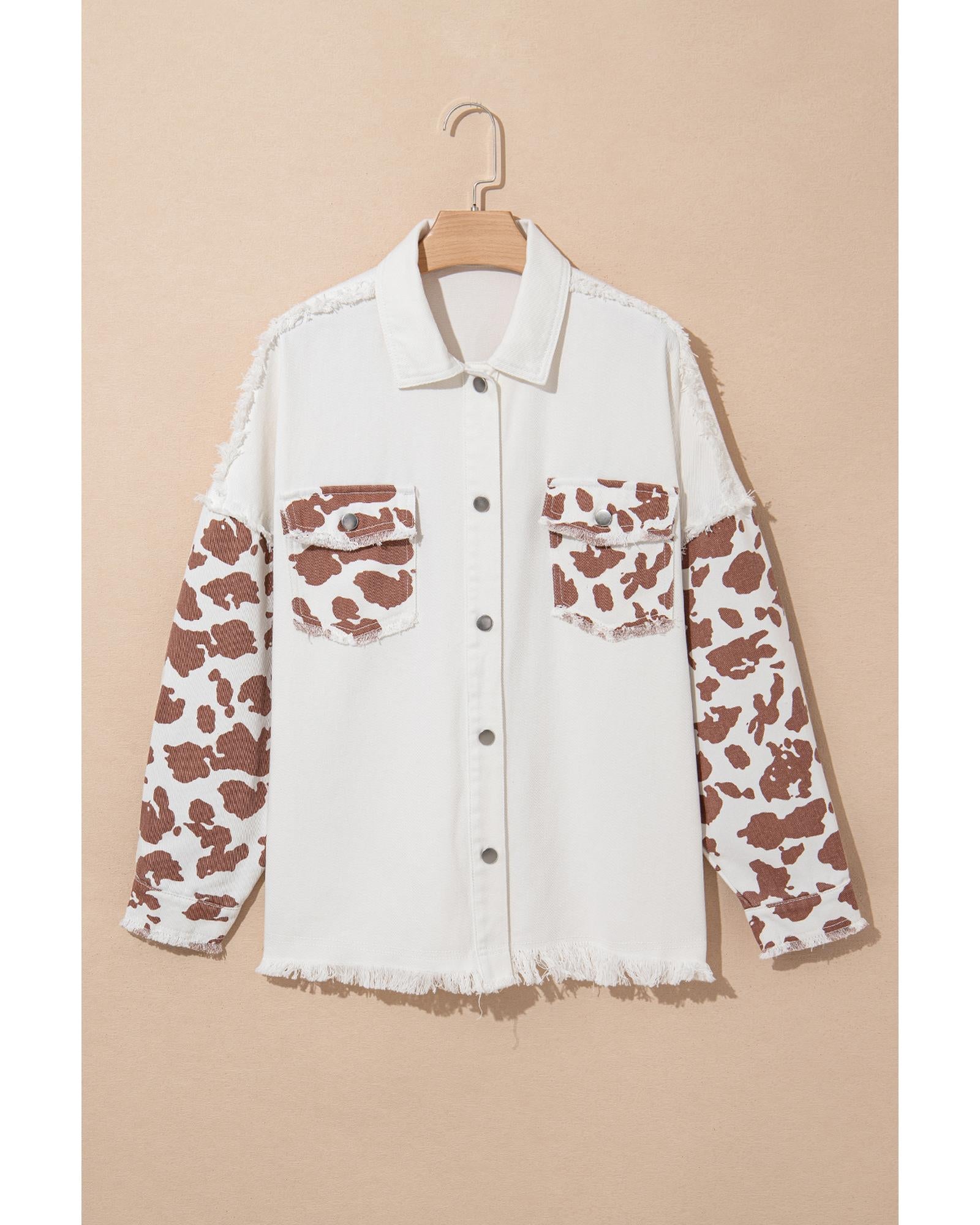 White Cow Spot Patchwork Flap Pocket Distressed Hem Long Denim Jacket - M