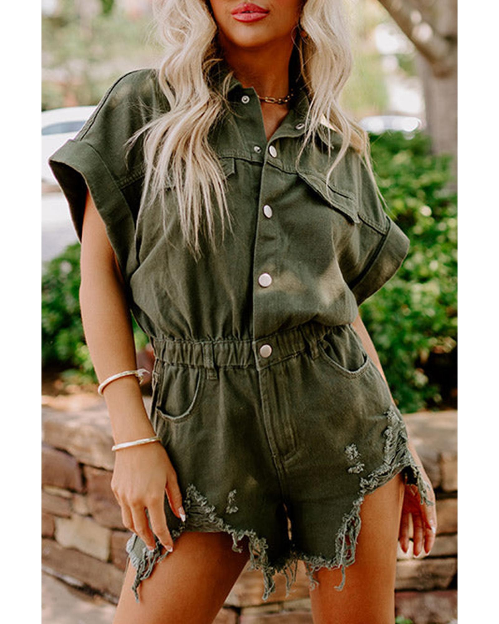 Moss Green Distressed Frayed Denim Romper - L