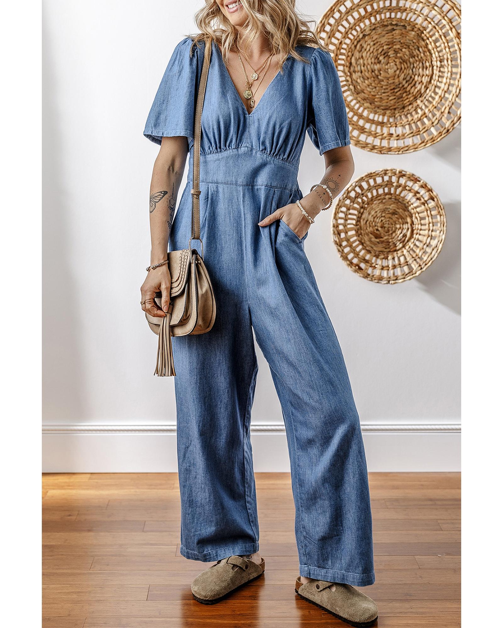 Ashleigh Blue V Neck Short Sleeve Smocked Back Denim Loose Jumpsuit - L