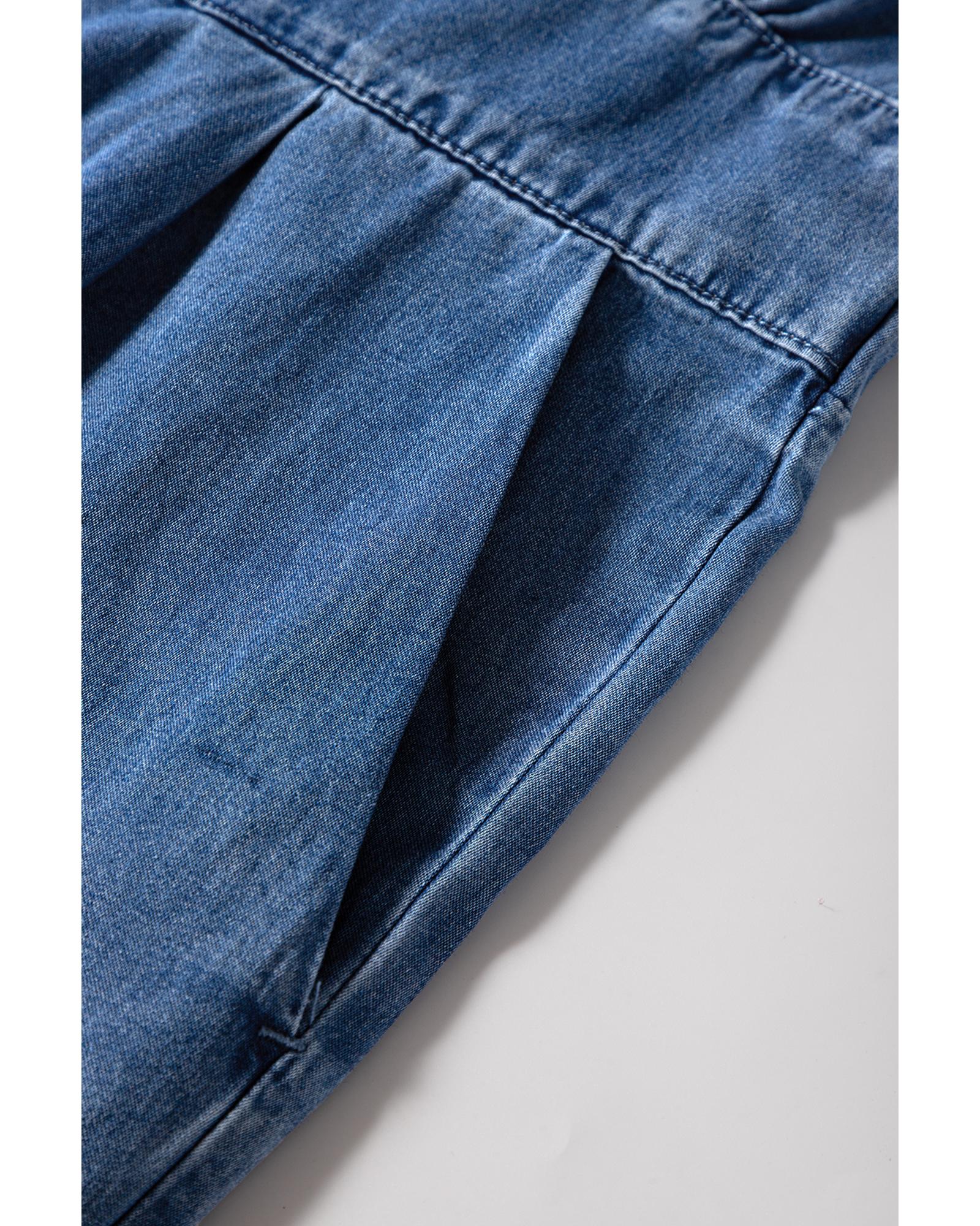 Ashleigh Blue V Neck Short Sleeve Smocked Back Denim Loose Jumpsuit - L