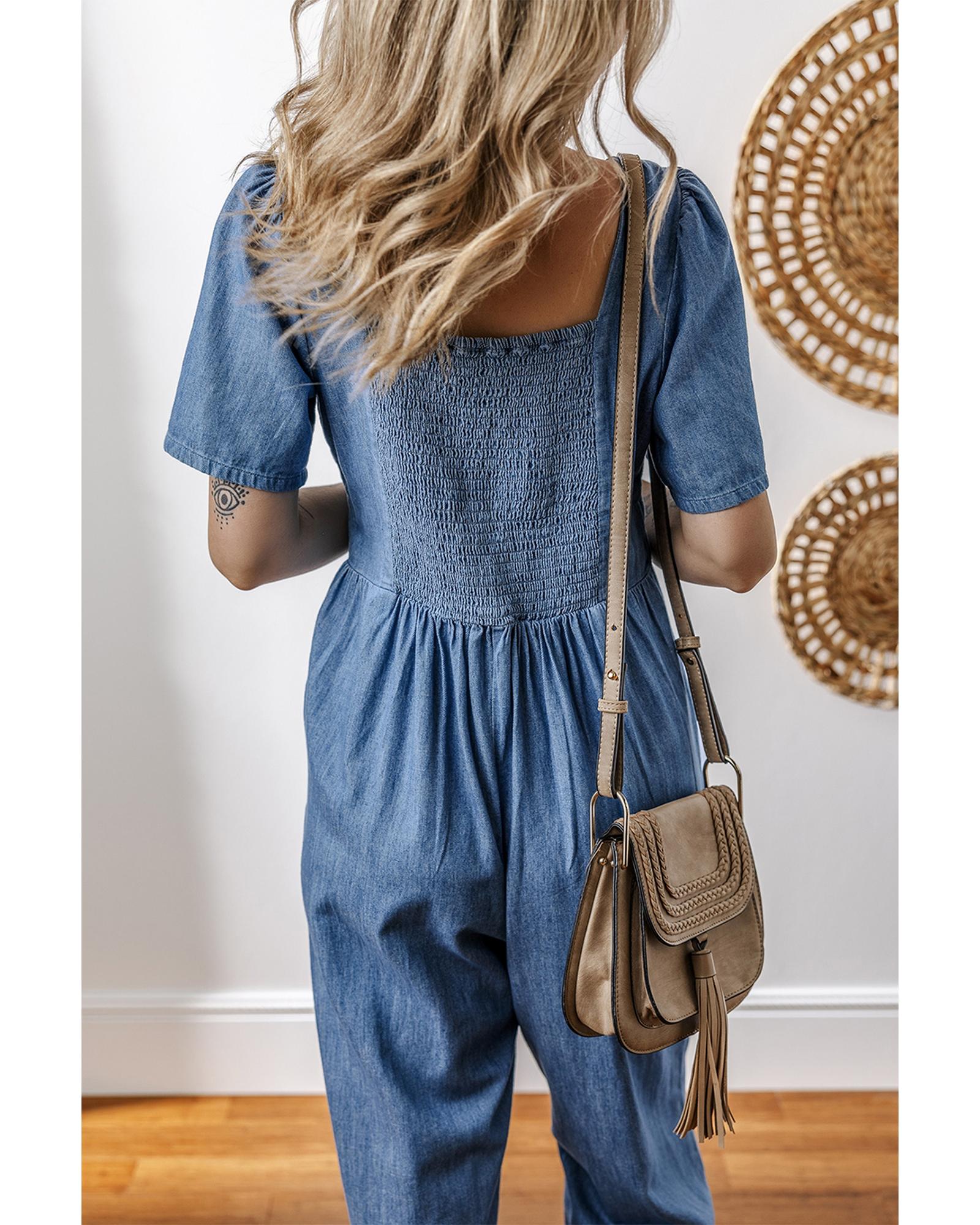Ashleigh Blue V Neck Short Sleeve Smocked Back Denim Loose Jumpsuit - S