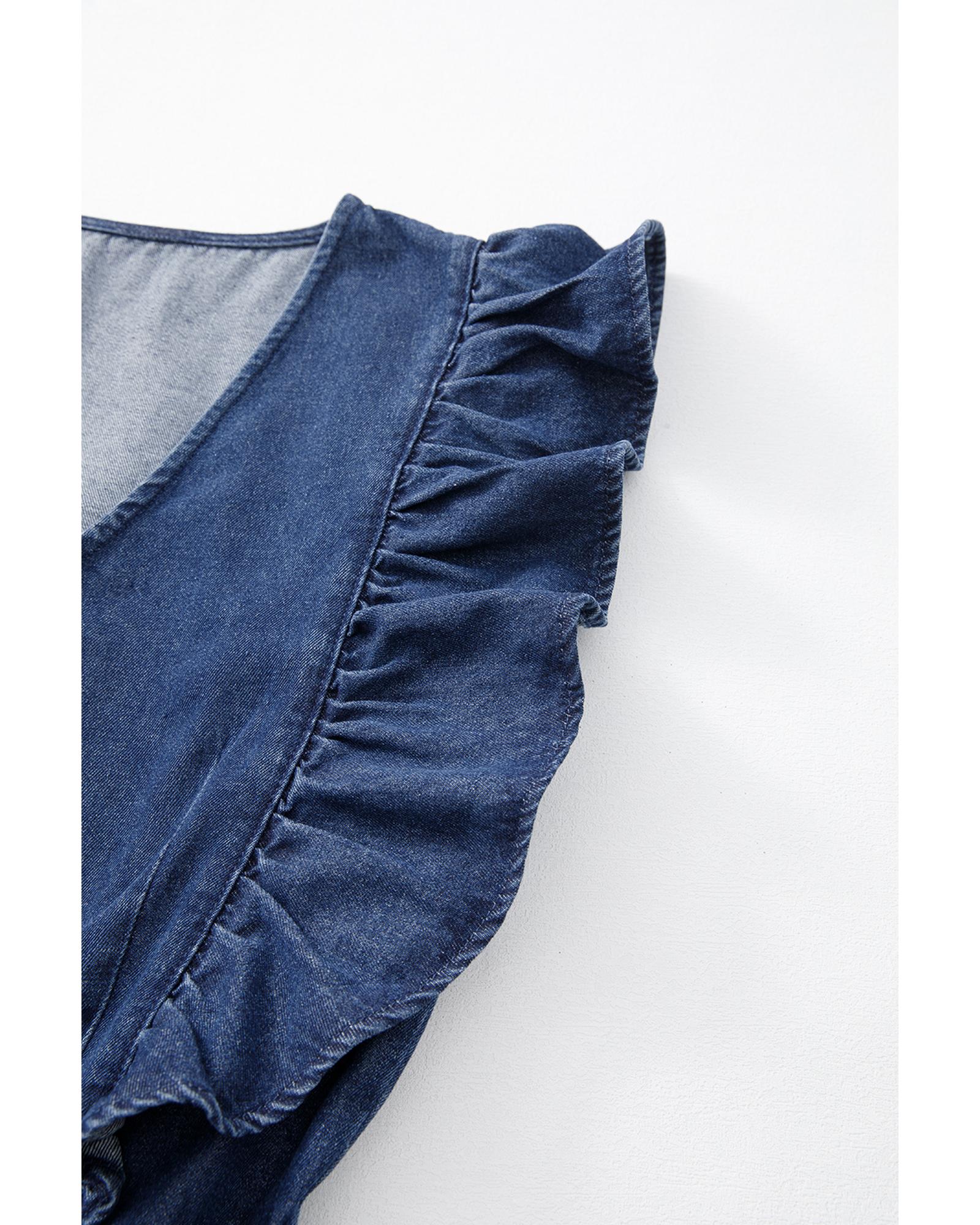 Sail Blue Denim Ruffled Zipped Front Belted Romper - M