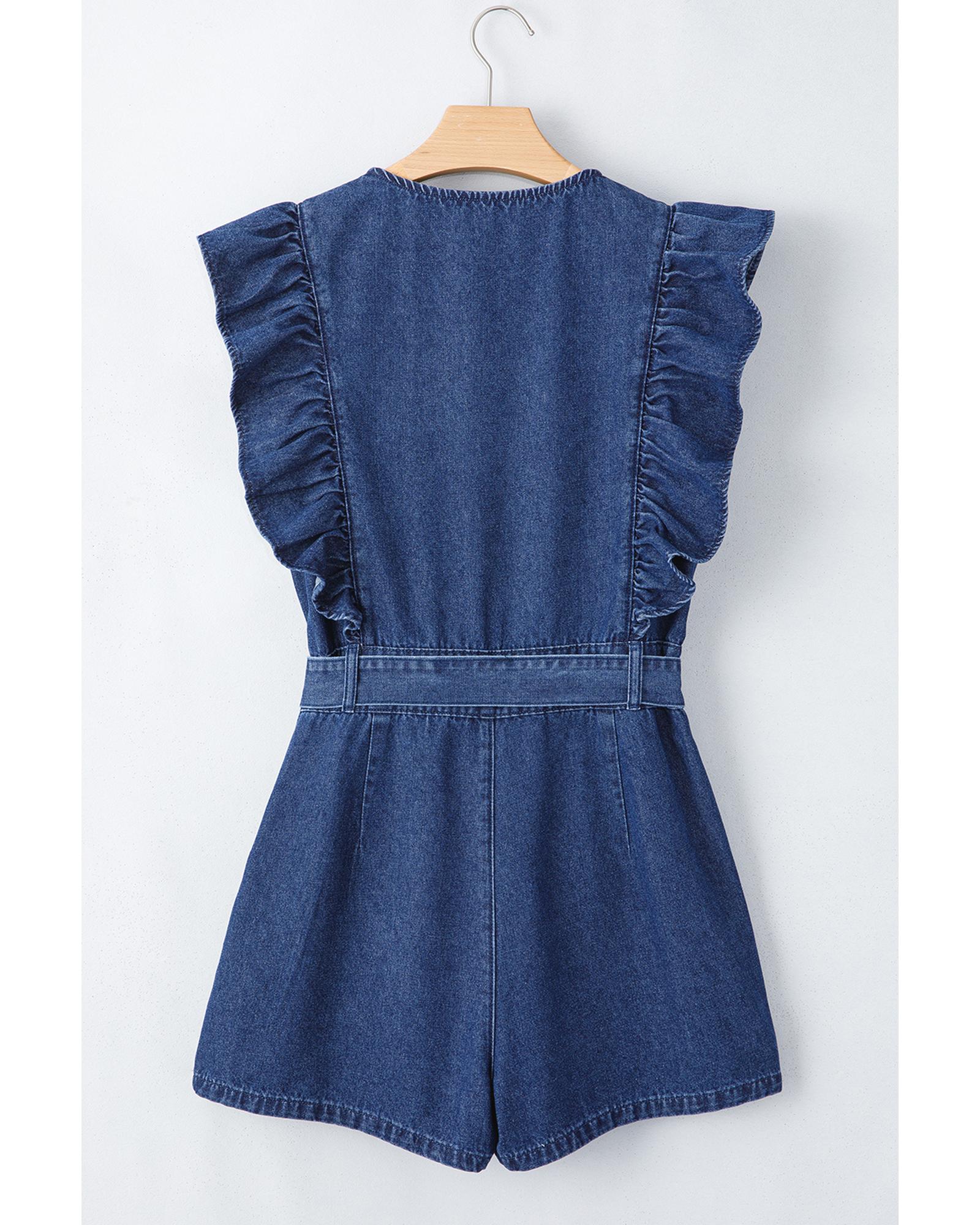 Sail Blue Denim Ruffled Zipped Front Belted Romper - S