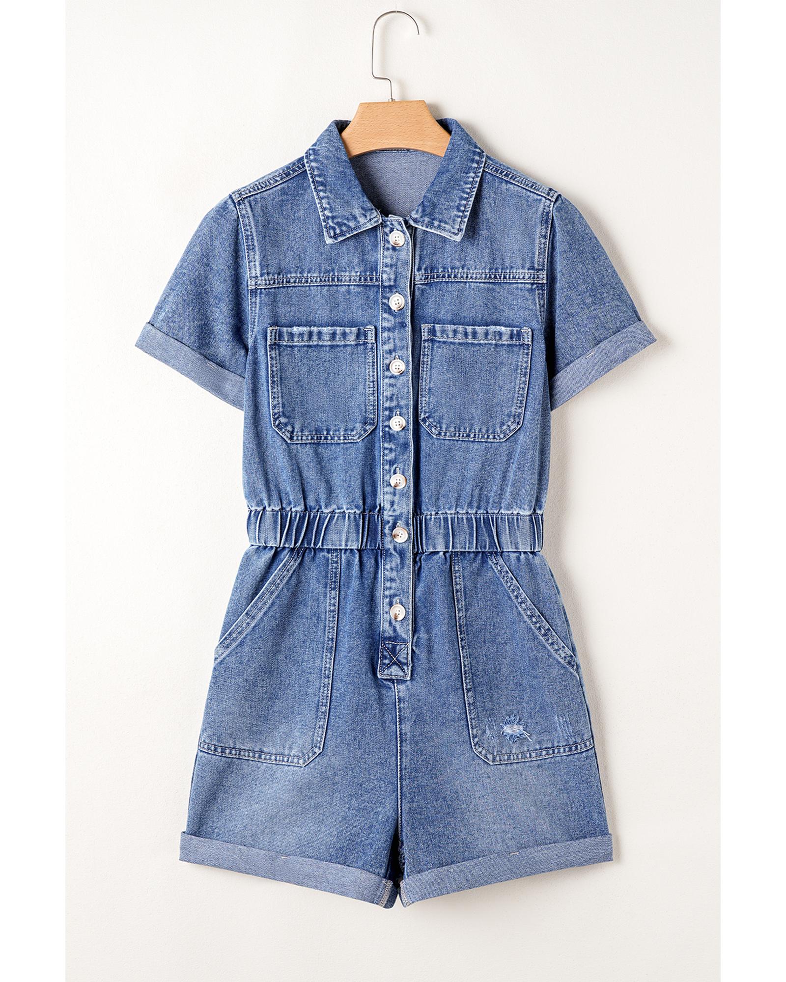 Dusk Blue Chest Pocket Front Buttoned Folded Edge Denim Short Sleeve Romper - S