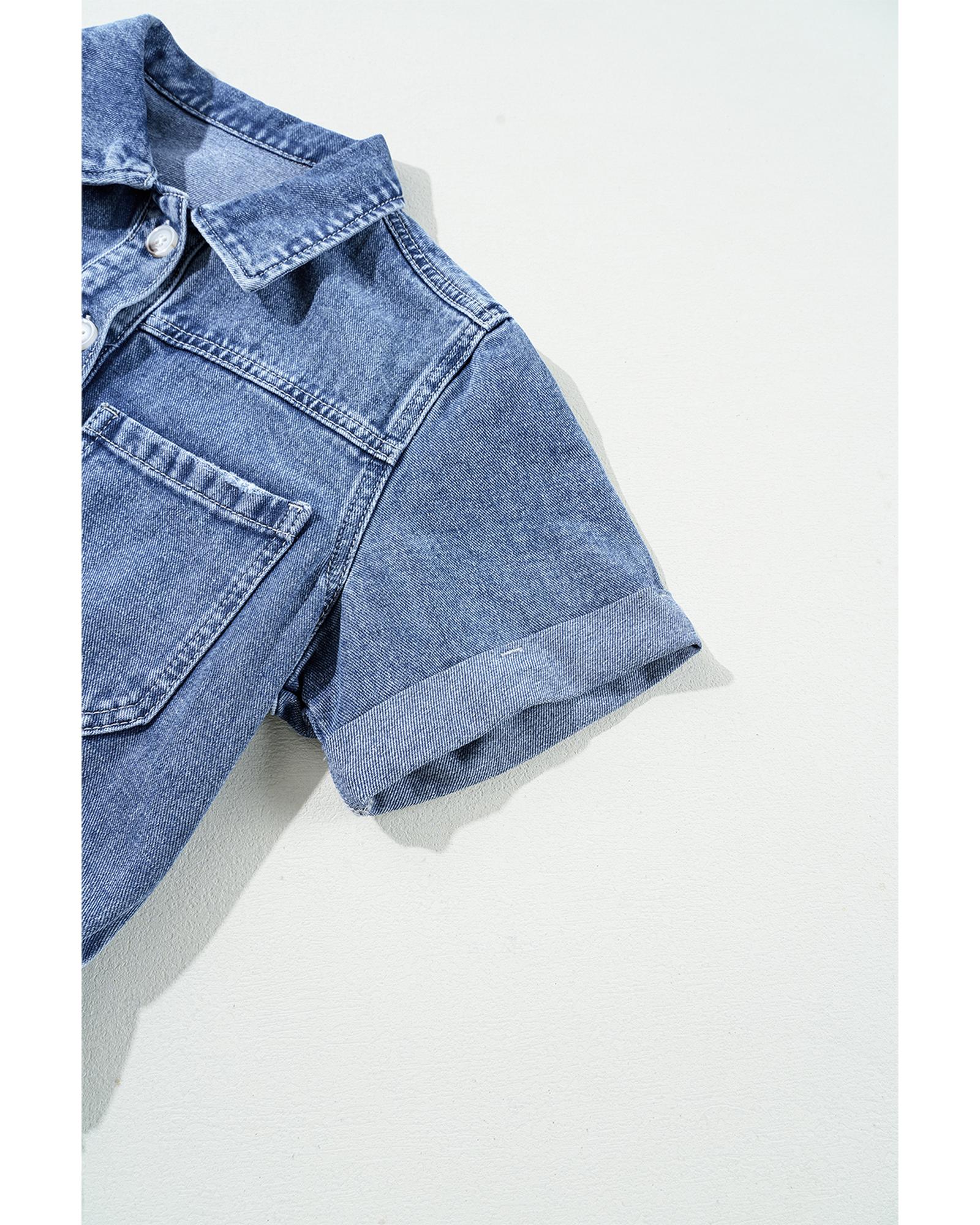 Dusk Blue Chest Pocket Front Buttoned Folded Edge Denim Short Sleeve Romper - S
