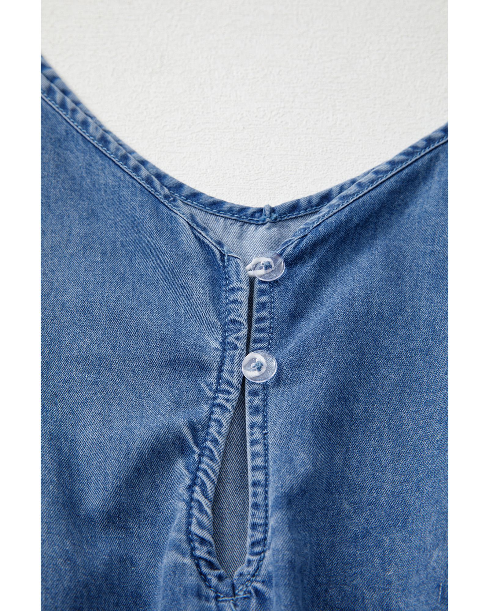 Ashleigh Blue Spaghetti Straps V Neck Belted Ruffled Leg Chambray Romper - M