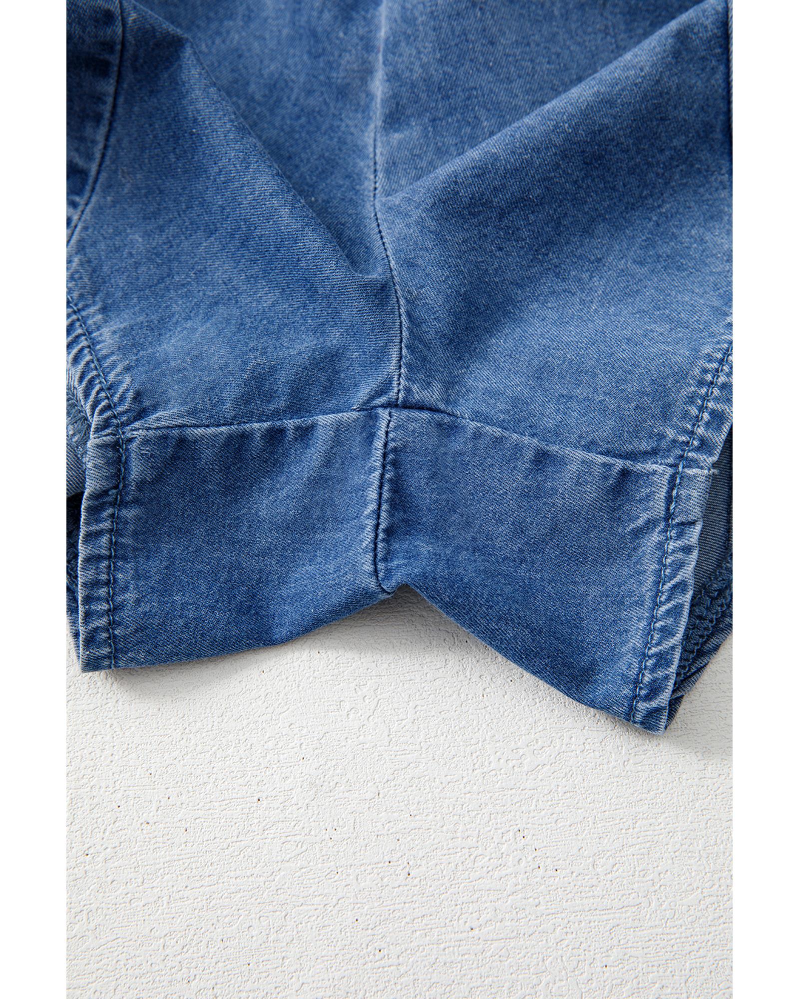 Ashleigh Blue Spaghetti Straps V Neck Belted Ruffled Leg Chambray Romper - M