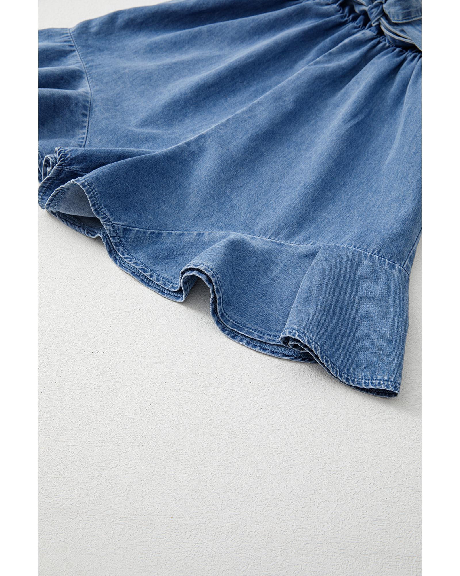 Ashleigh Blue Spaghetti Straps V Neck Belted Ruffled Leg Chambray Romper - M