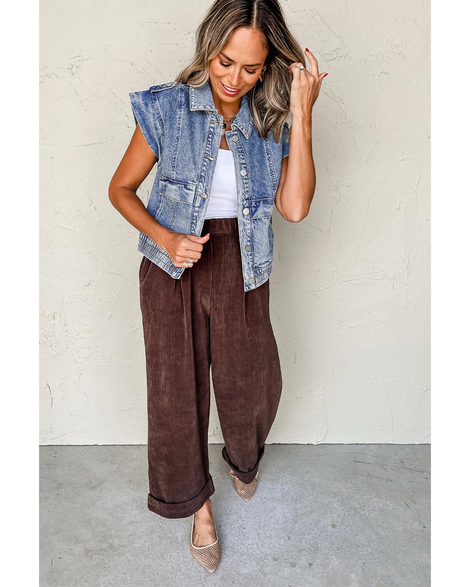 Ashleigh Blue Acid Wash Elastic Hem Button Up Denim Vest - XL