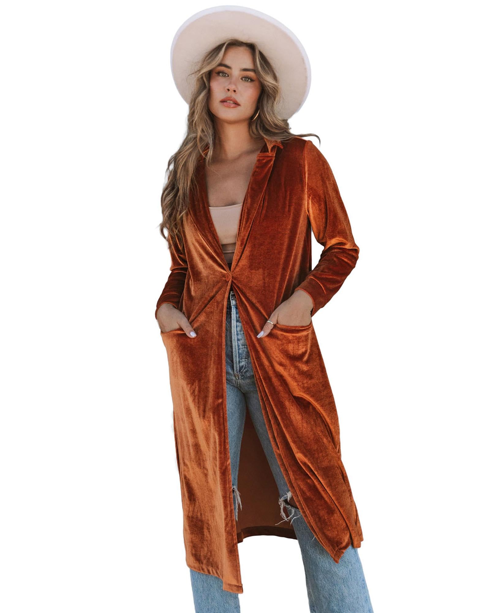 Brown Retro Velvet Long Sleeve Pocket Coat - S