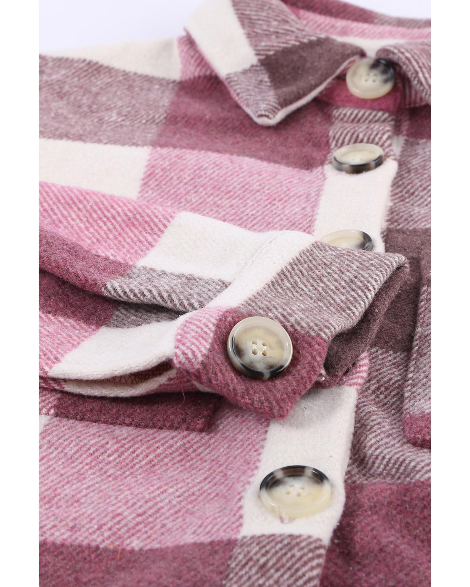 Plaid Color Block Buttoned Long Sleeve Jacket with Pocket - M