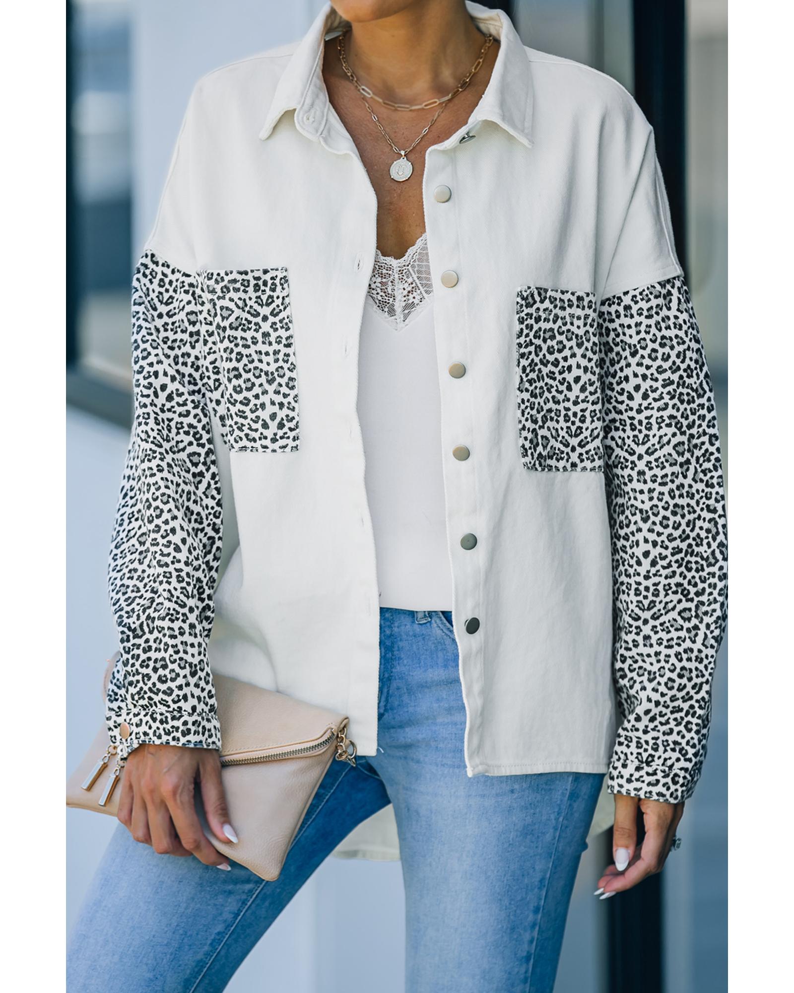 White Contrast Leopard Denim Jacket - L