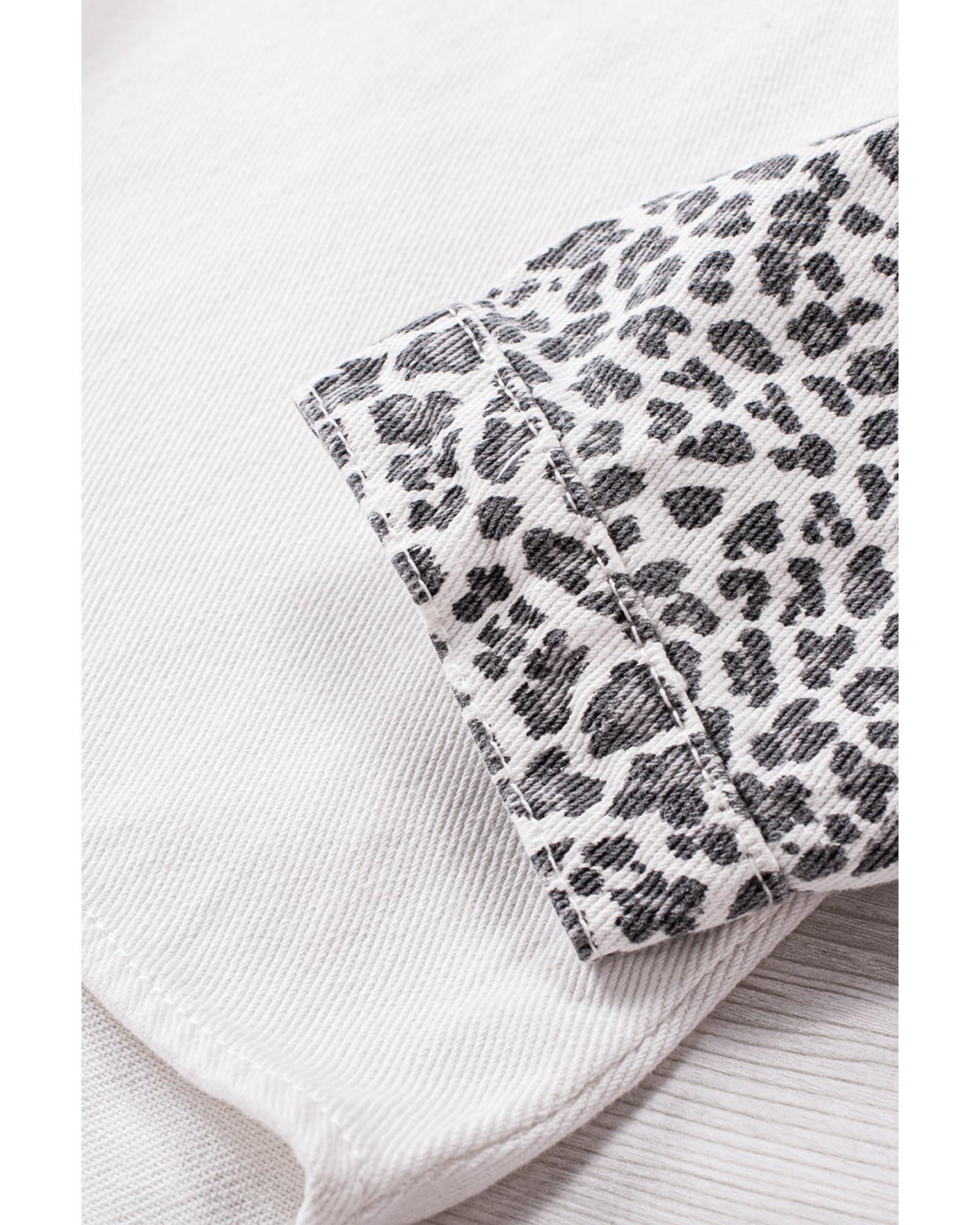 White Contrast Leopard Denim Jacket - M