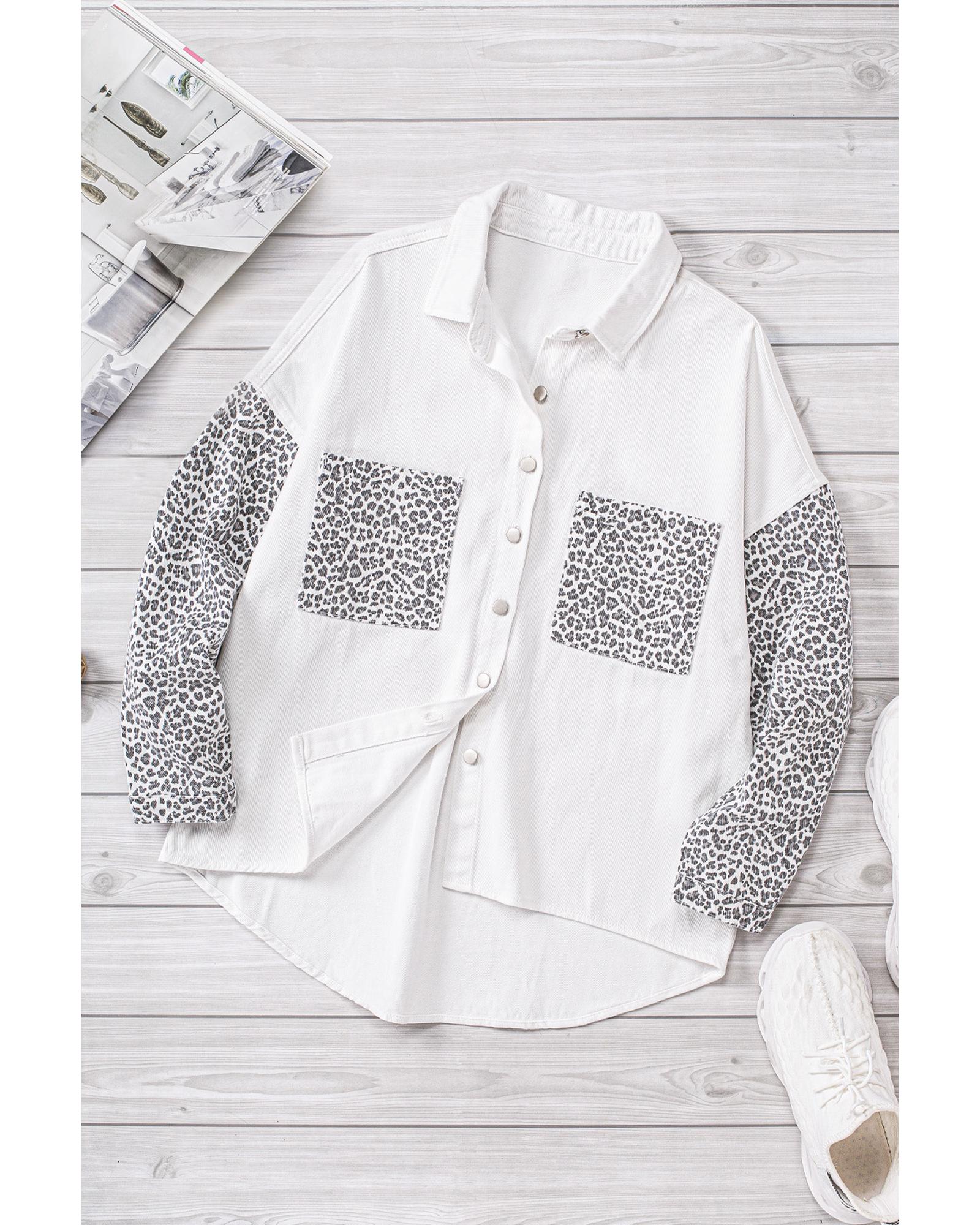 White Contrast Leopard Denim Jacket - M