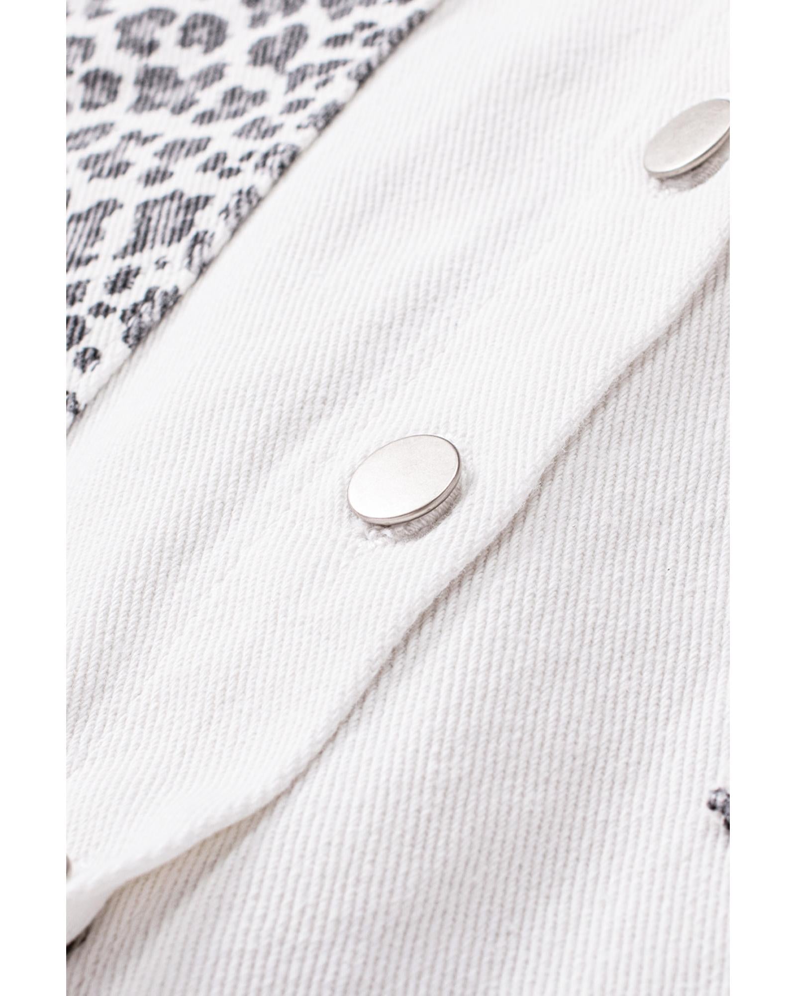 White Contrast Leopard Denim Jacket - S