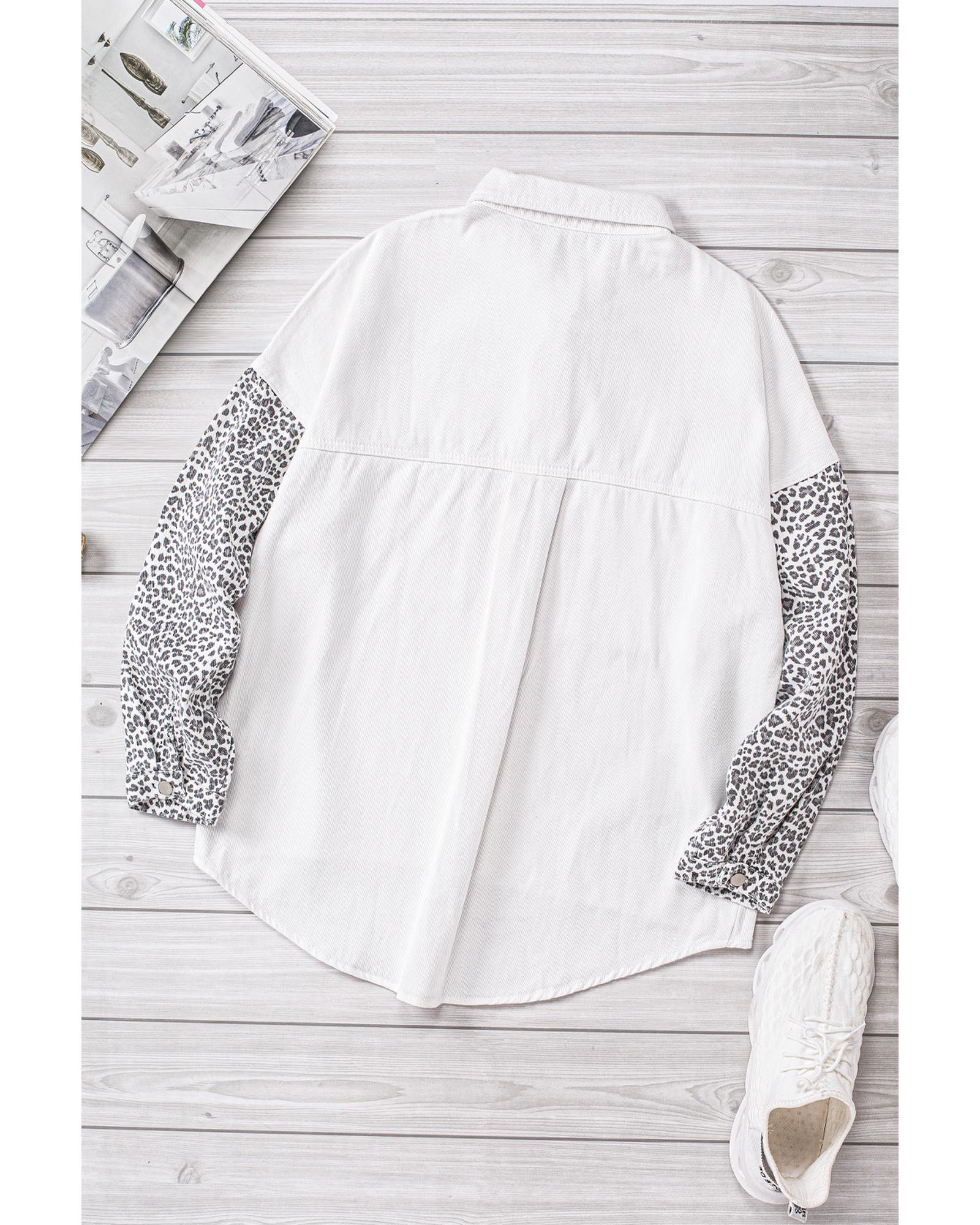 White Contrast Leopard Denim Jacket - S