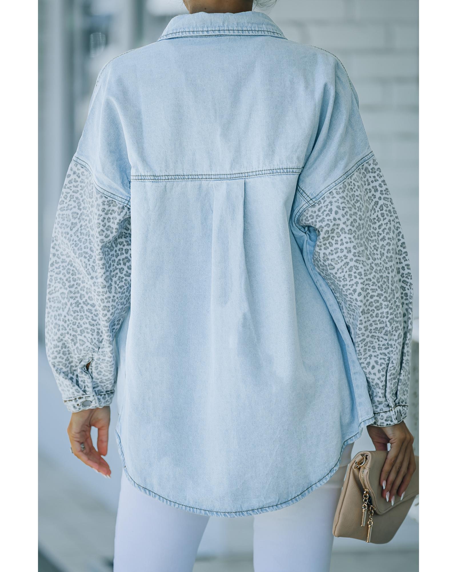 Sky Blue Contrast Leopard Denim Jacket - XL