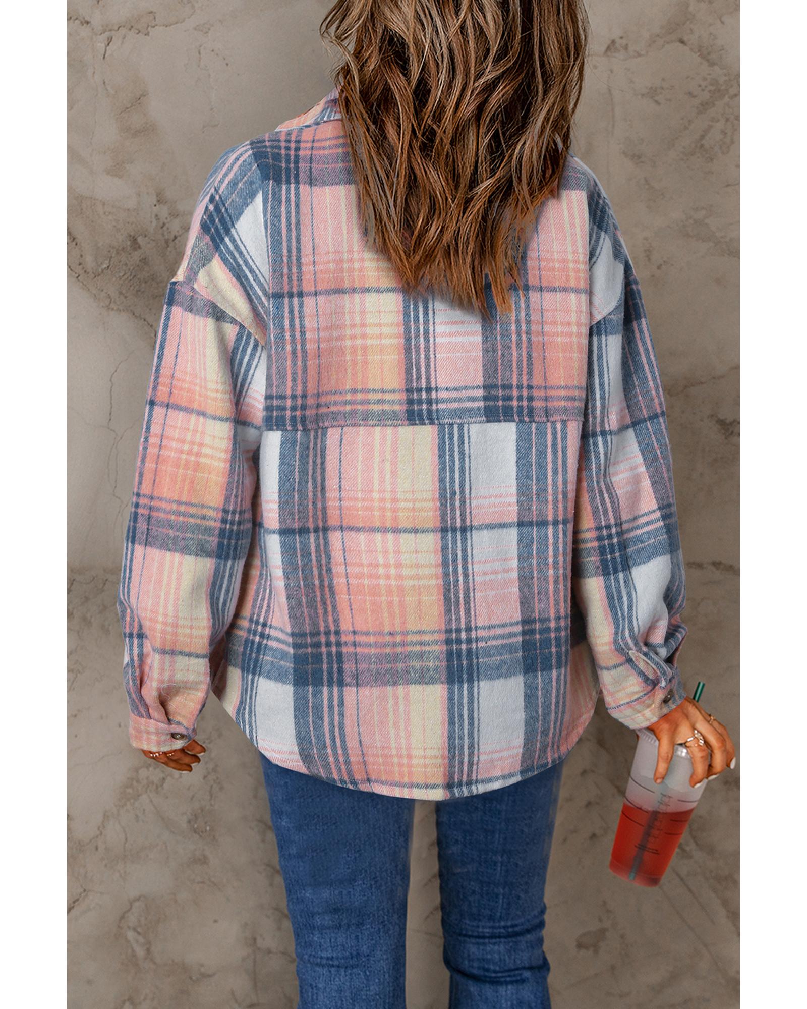 Pink Black/Pink Plaid Flap Pockets Shacket - L