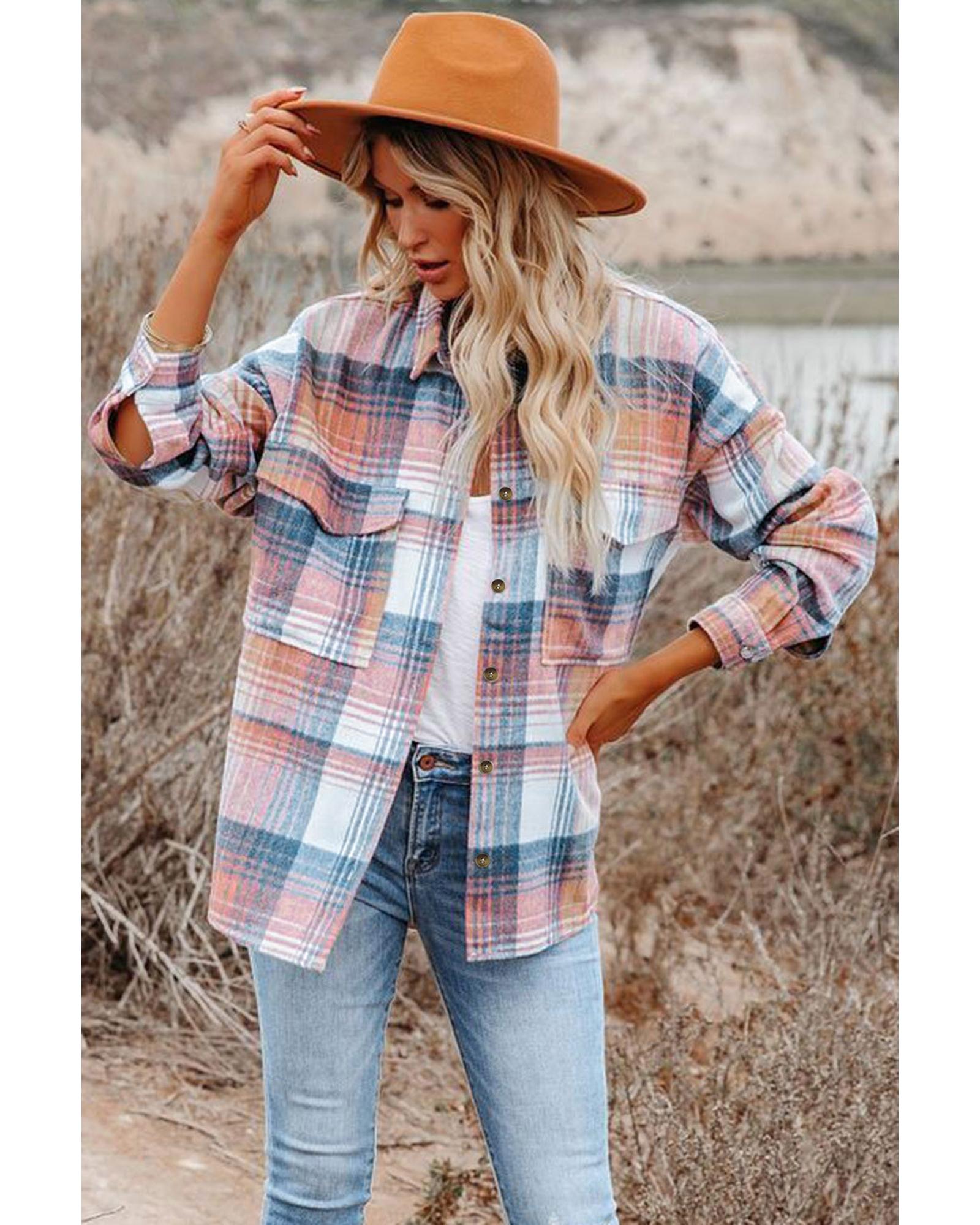 Pink Black/Pink Plaid Flap Pockets Shacket - M