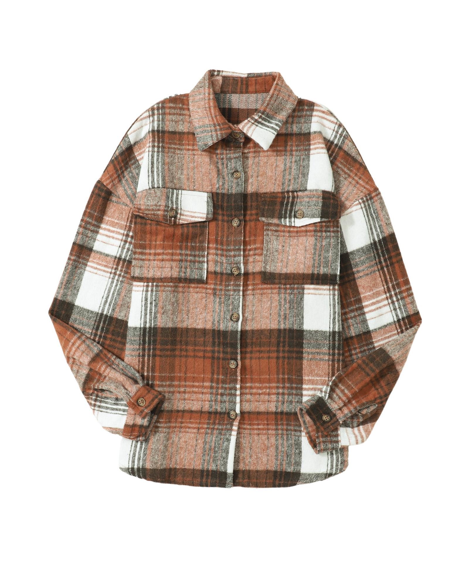 Brown Plaid Flap Pockets Shacket - 2XL