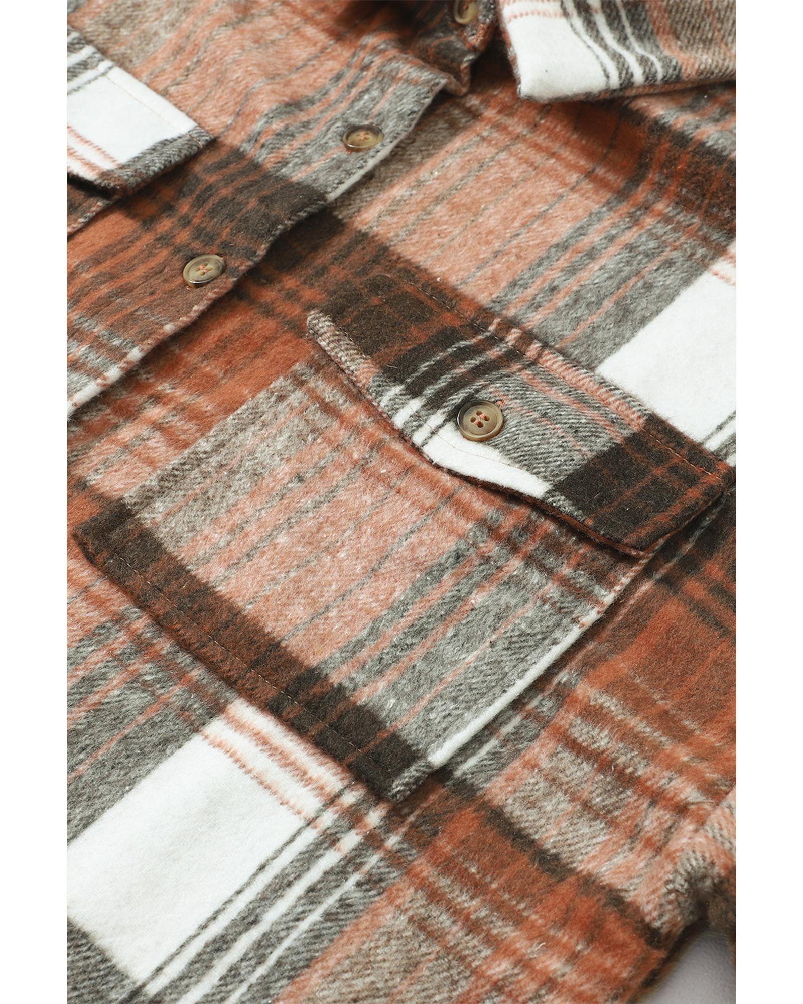 Brown Plaid Flap Pockets Shacket - M